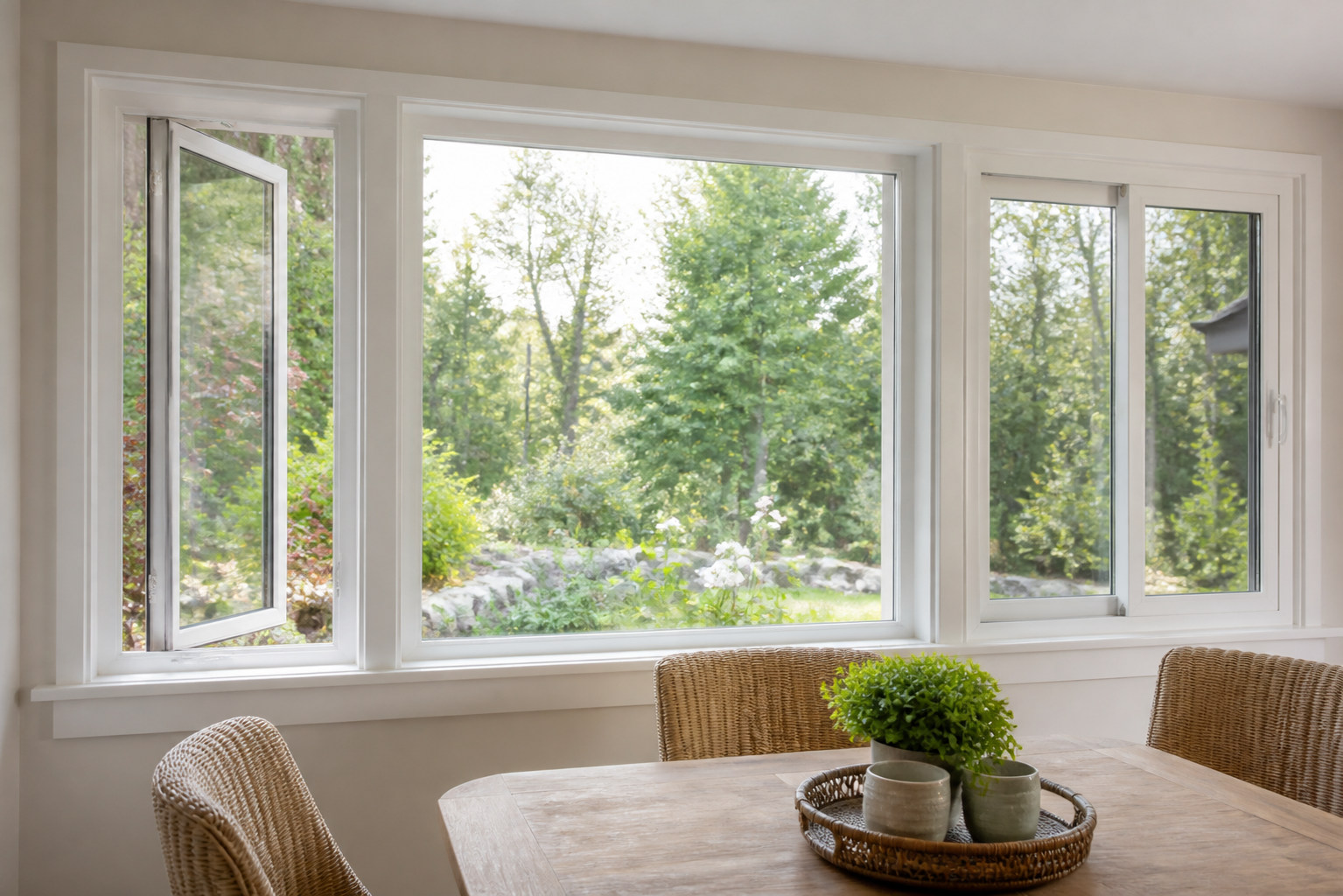 Room with coordinated casement, picture, and sliding windows serving different functions
