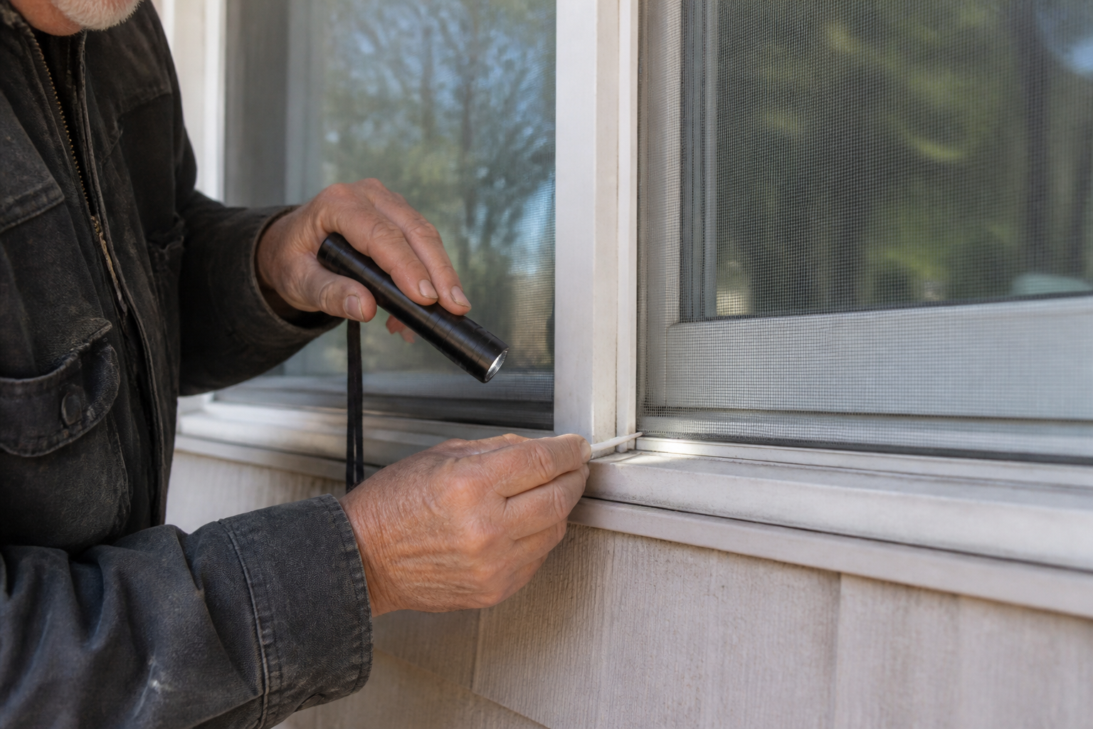 Experienced craftsperson inspecting weatherstripping and frame condition