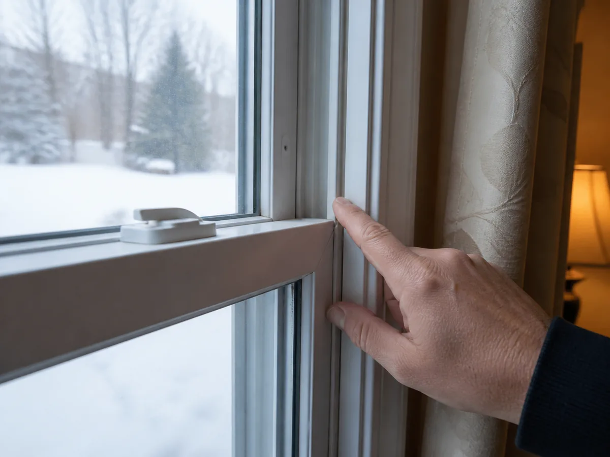 Homeowner feeling for an air draft along the edge of a closed window sash