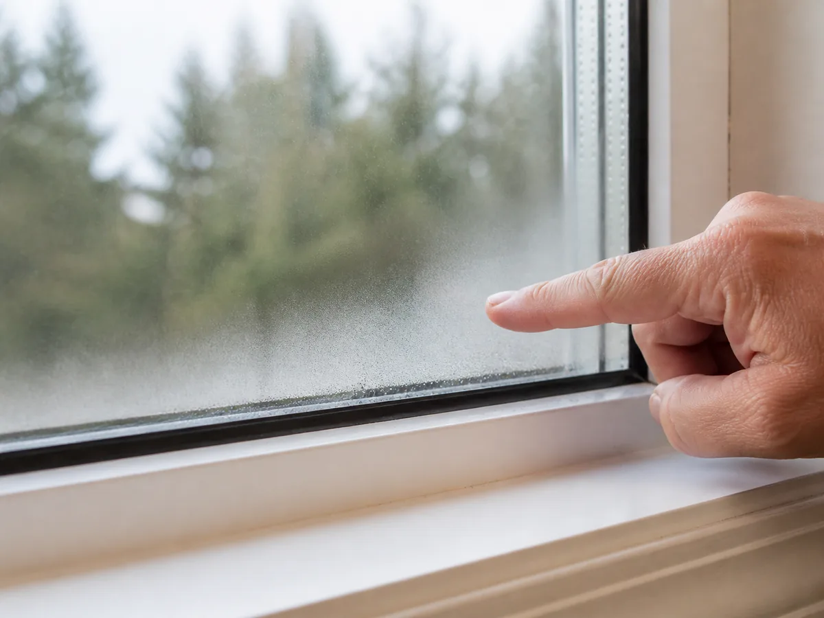 Close view of fog and moisture trapped between panes of insulated window glass
