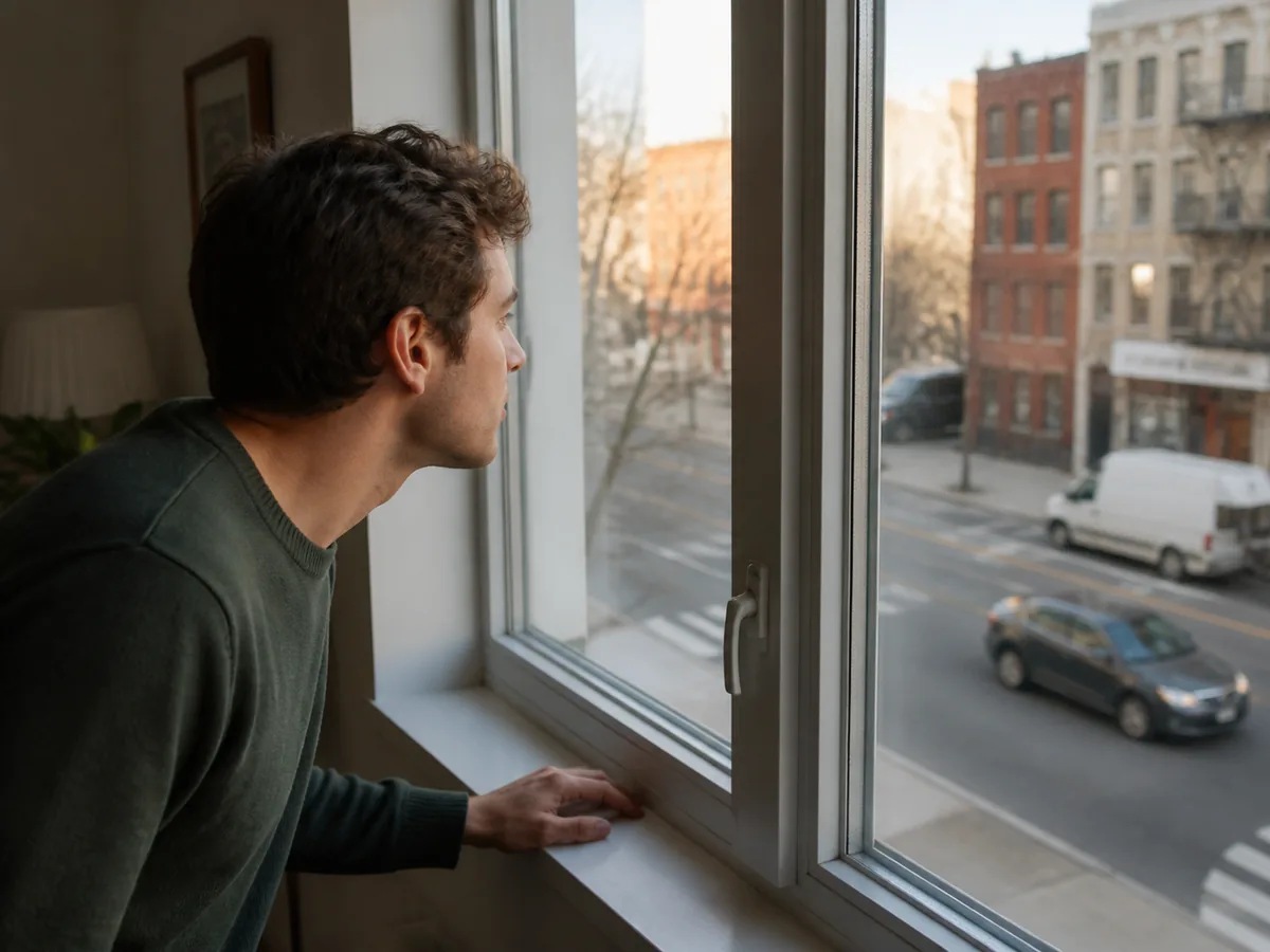 Homeowner noticing traffic noise through a closed window