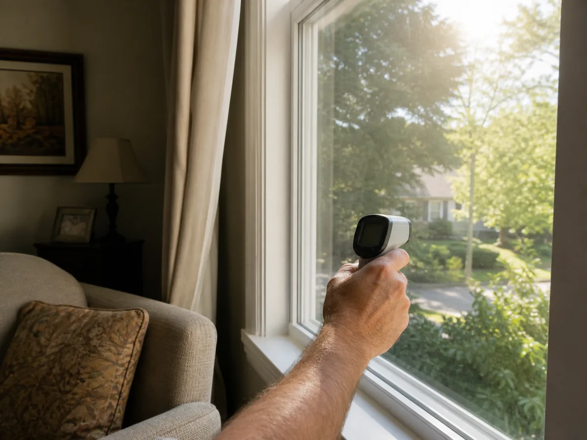 Hand comparing the temperature of sun-facing window glass in a bright room