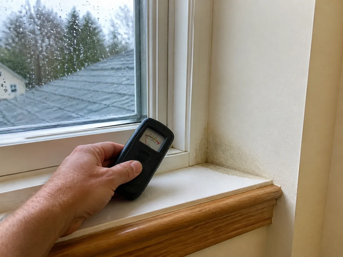 Water collecting at the lower corner of a residential window after rain