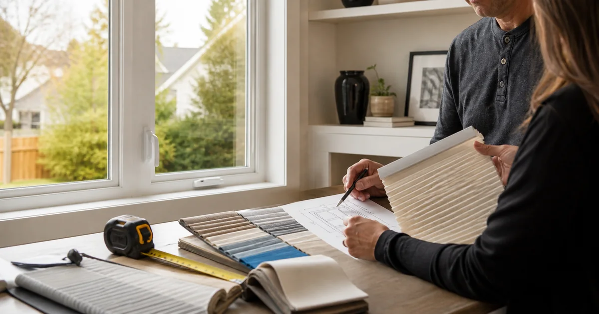 Homeowner and designer coordinating shade samples and window measurements after replacement