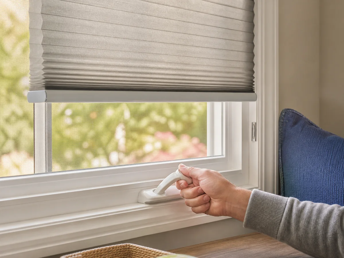 Homeowner operating a casement handle beneath a partially lowered cellular shade