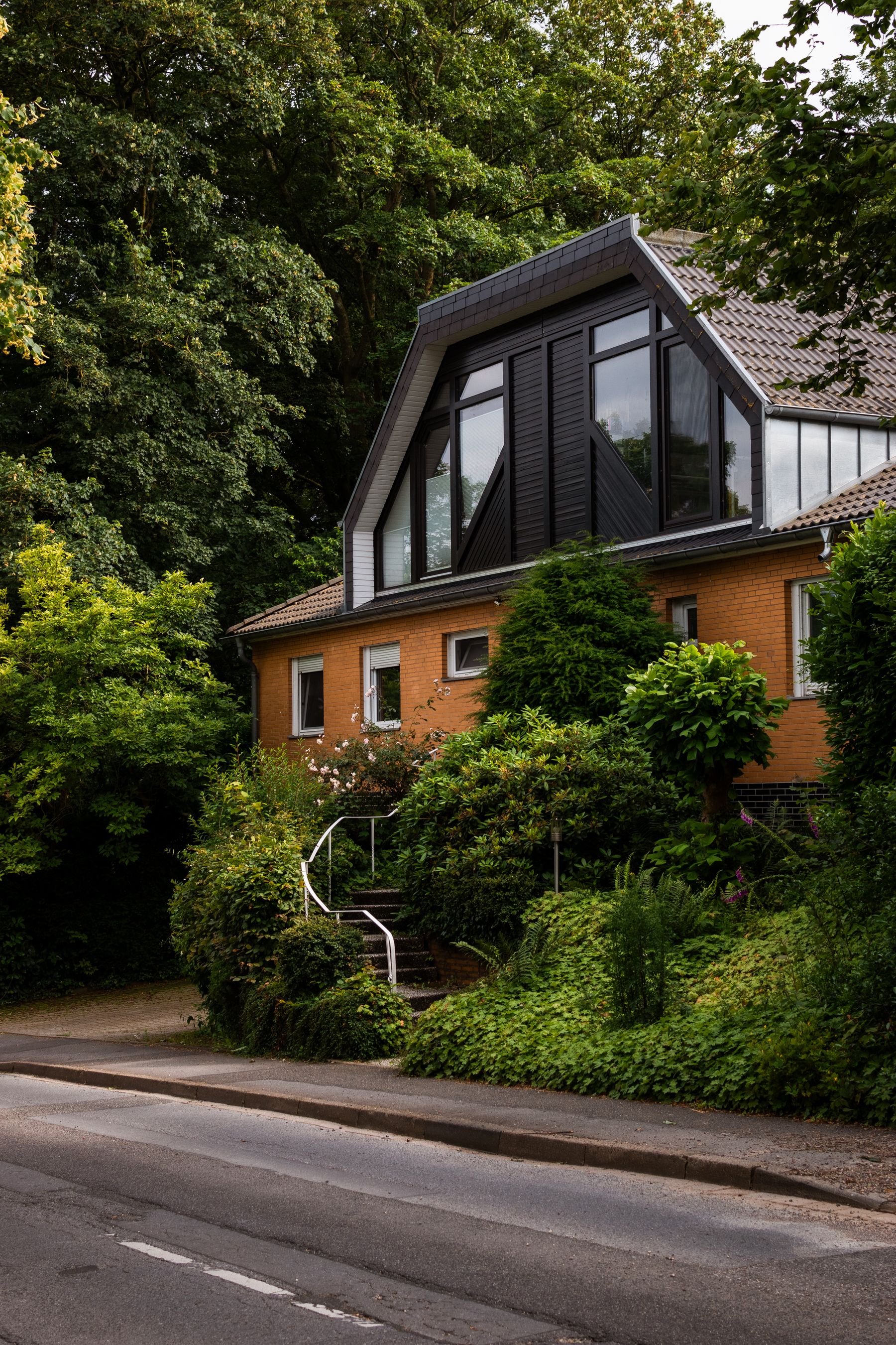 Modern home with large windows surrounded by mature landscaping