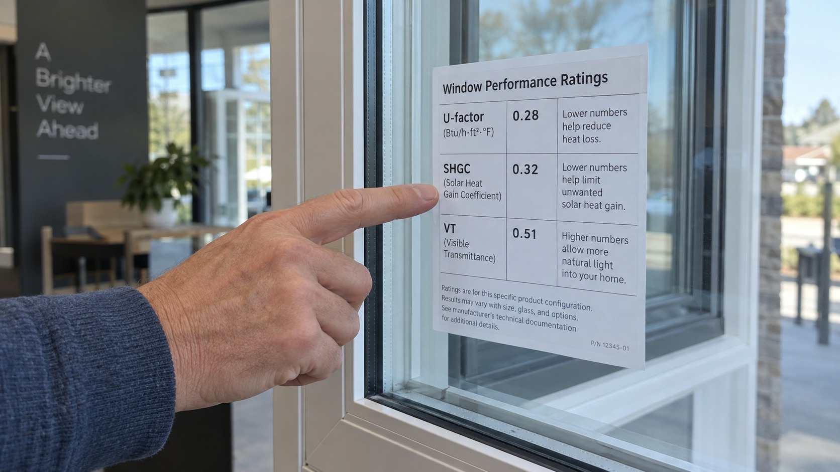 Person pointing to a representative educational window performance label showing U-factor, SHGC, and visible transmittance
