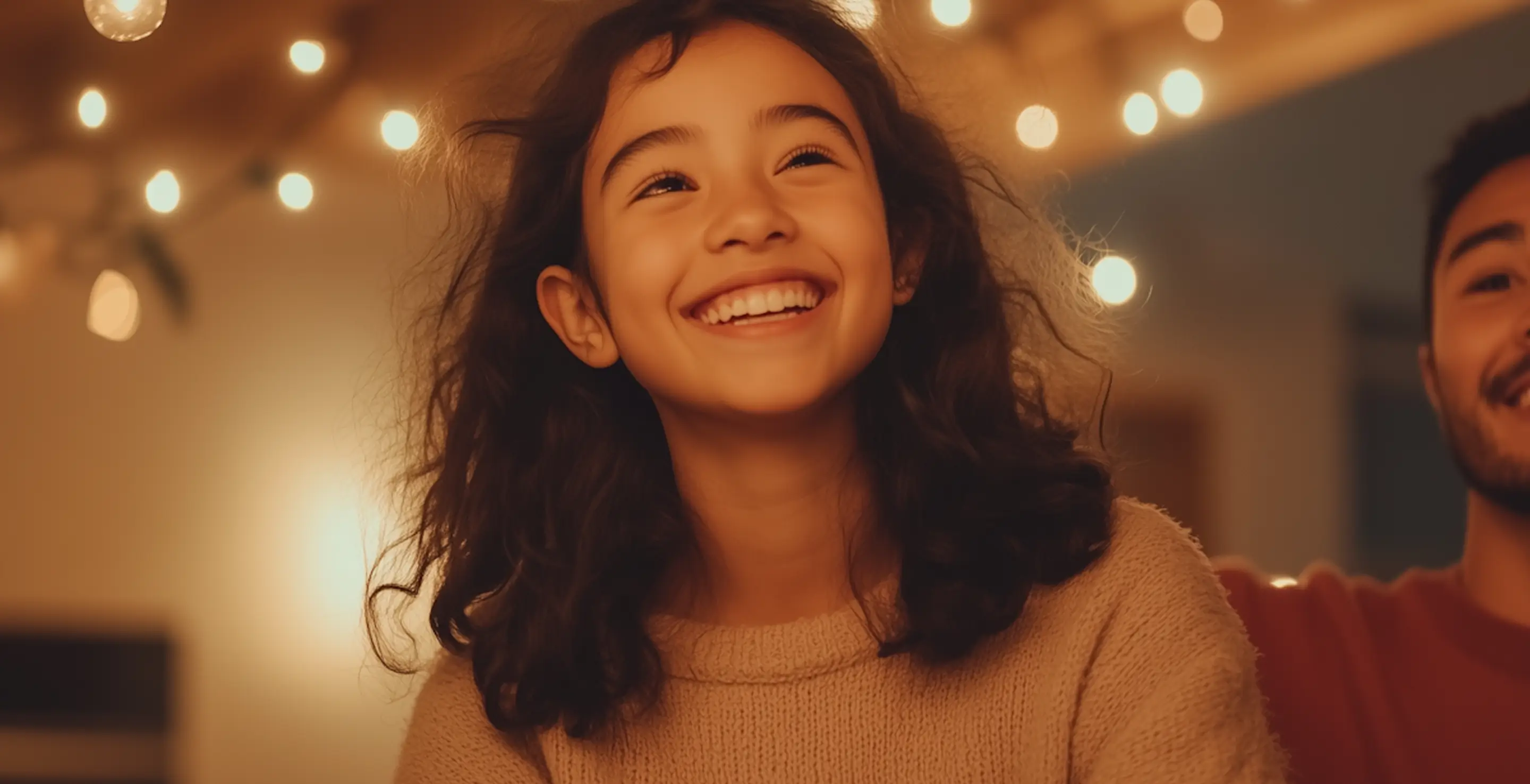 Smiling girl with curly hair under warm hanging lights, with part of a smiling man on the right.