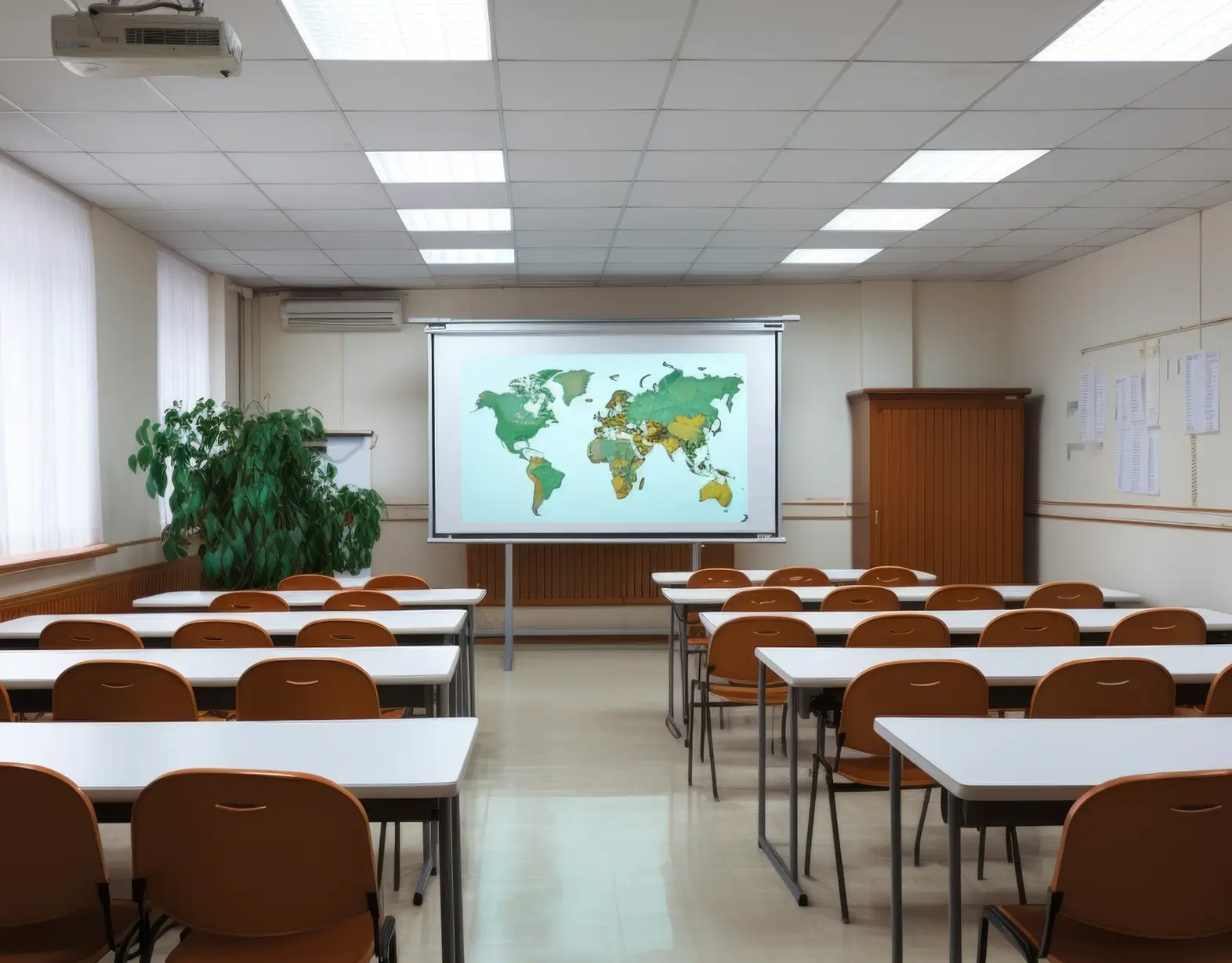 Empty classroom with rows of desks, a world map on a projector screen, and a large green plant.