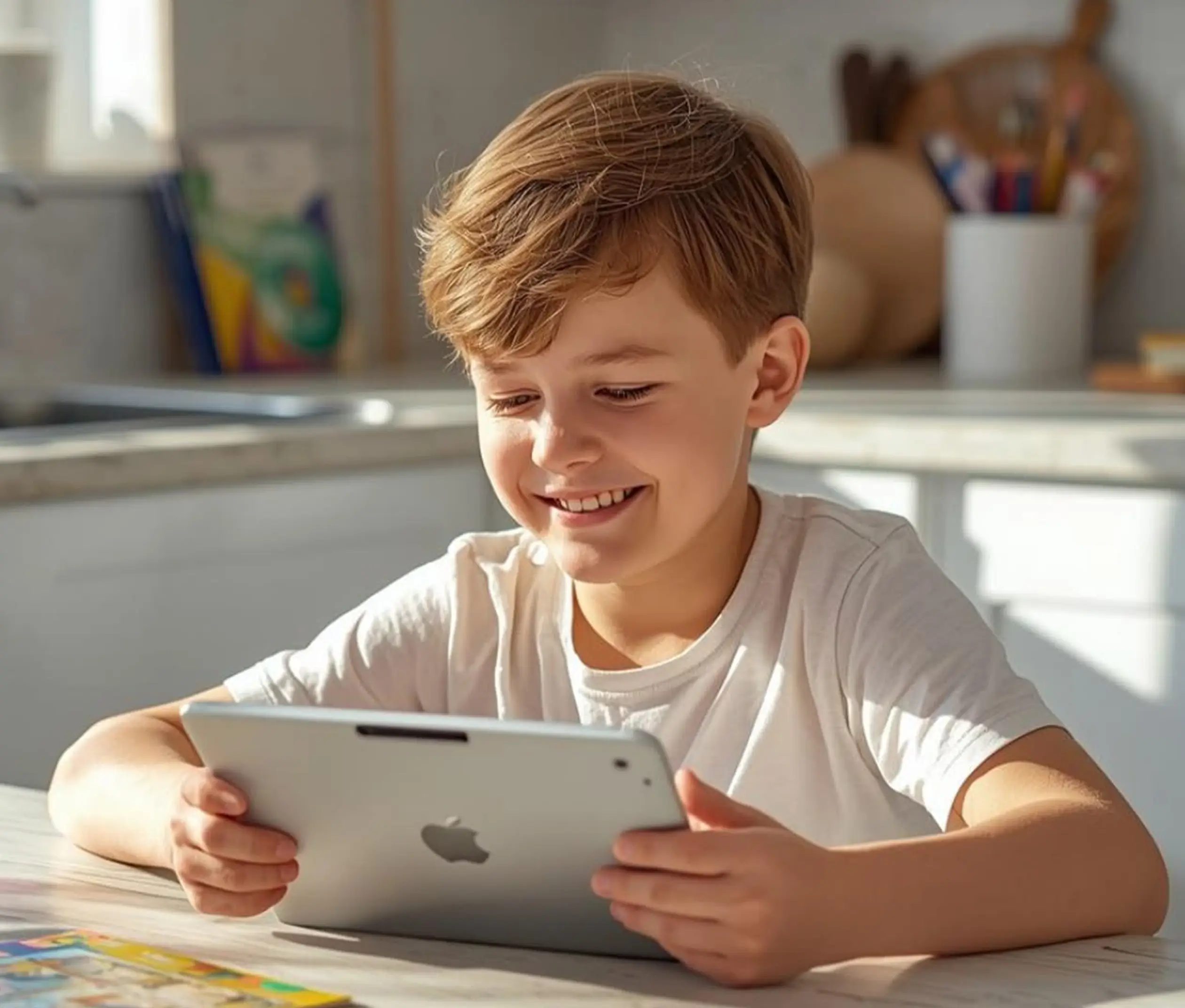 Smiling young boy with light brown hair sitting at a table holding and looking at a silver iPad in a bright kitchen.