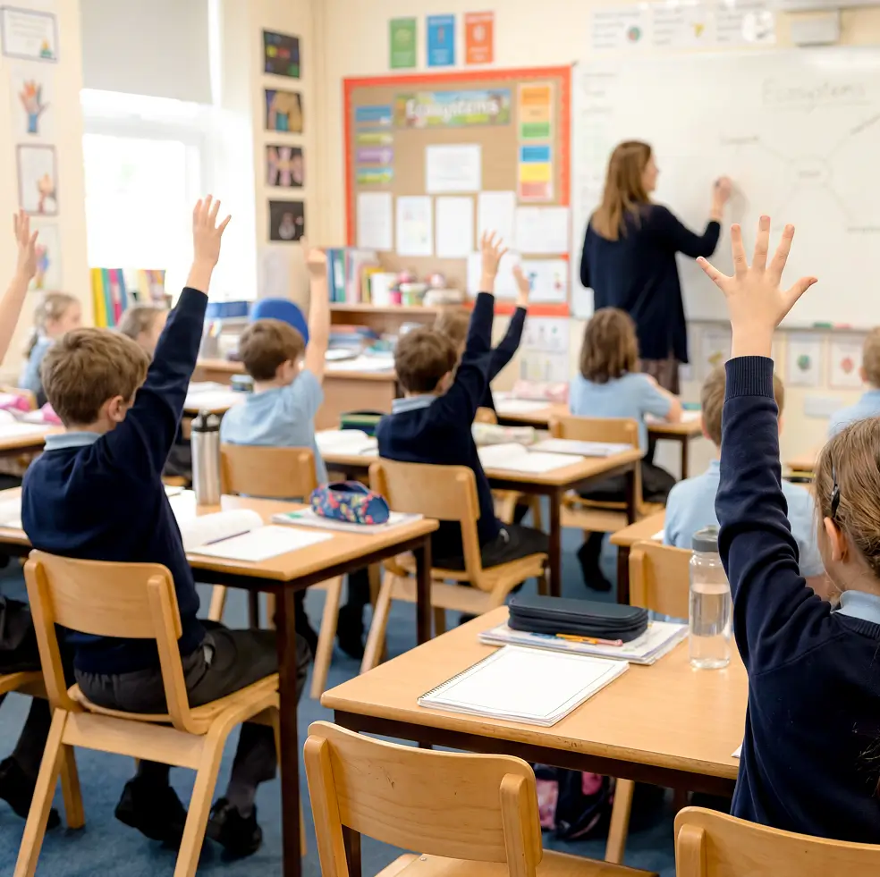 Elementary school students in uniforms sitting at desks in a classroom with raised hands while a teacher writes on a whiteboard.