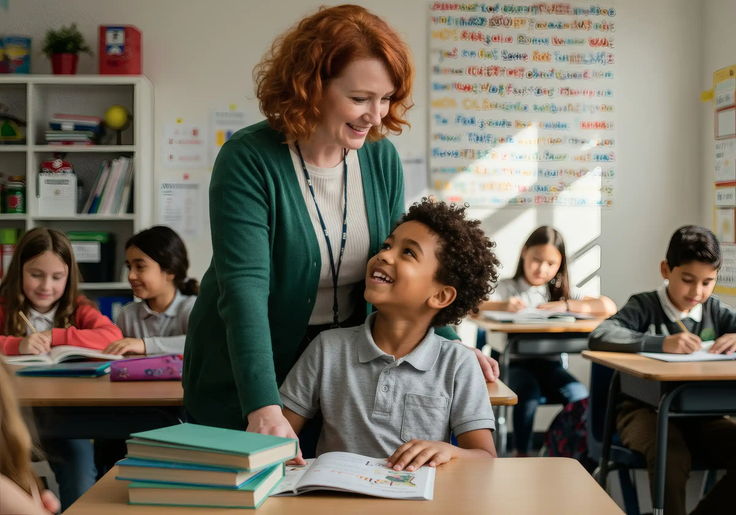 A female teacher wearing a green cardigan smiles while helping a young boy with curly hair sitting at a desk reading a book, as other children study in the classroom.