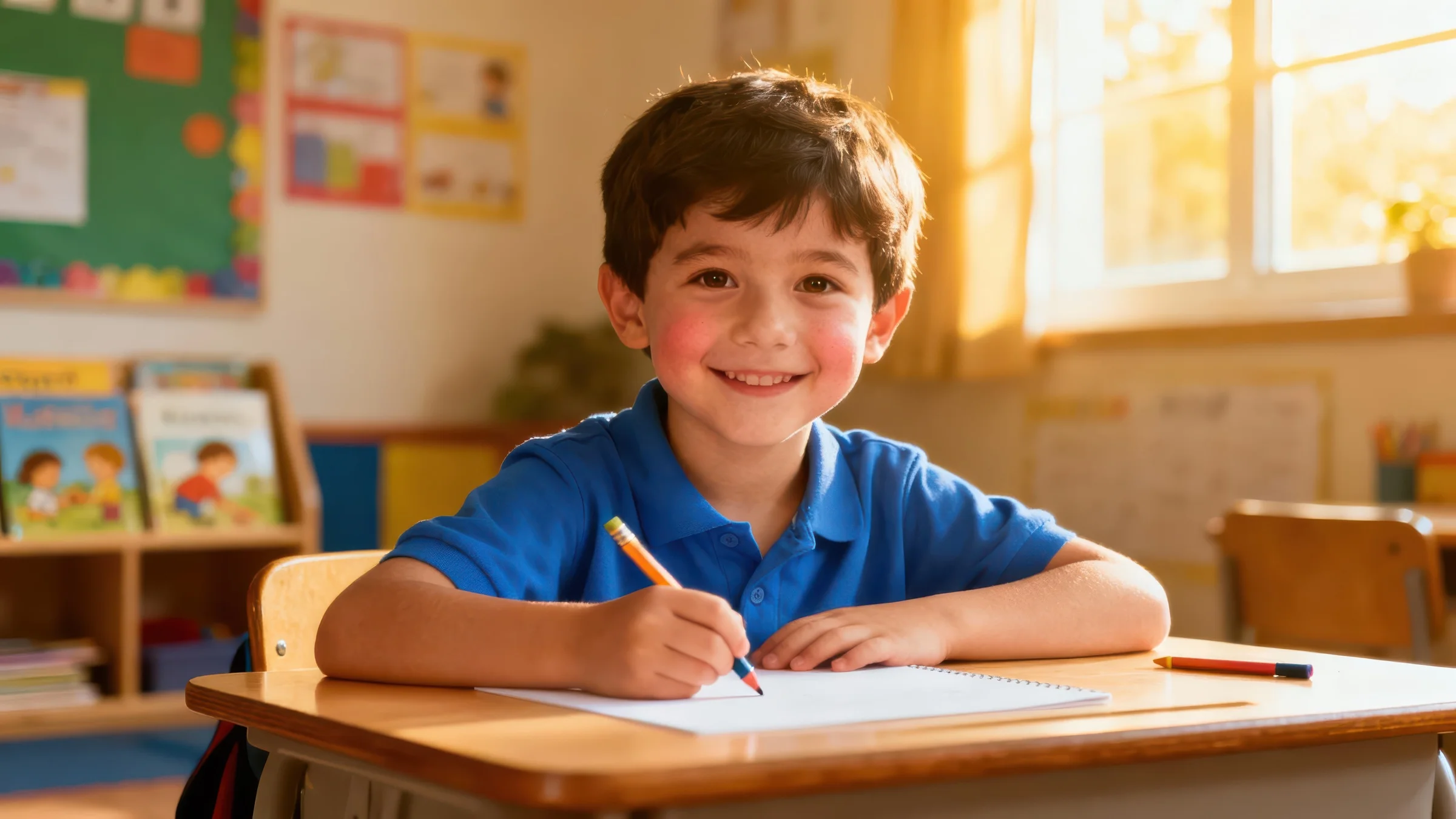 Smiling elementary boy wearing a blue polo shirt sitting at a wooden desk in a sunlit classroom, writing with a pencil on white paper.