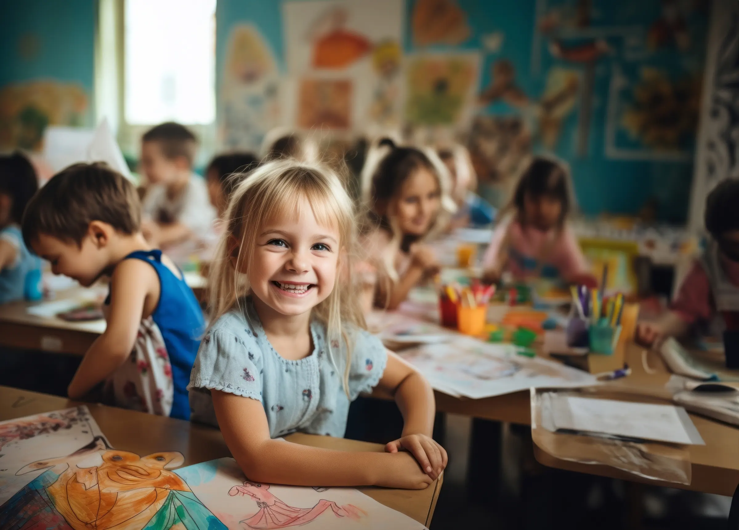 A smiling mother and her young daughter use a wooden abacus with colorful beads while sitting at a table with toys and drawings.