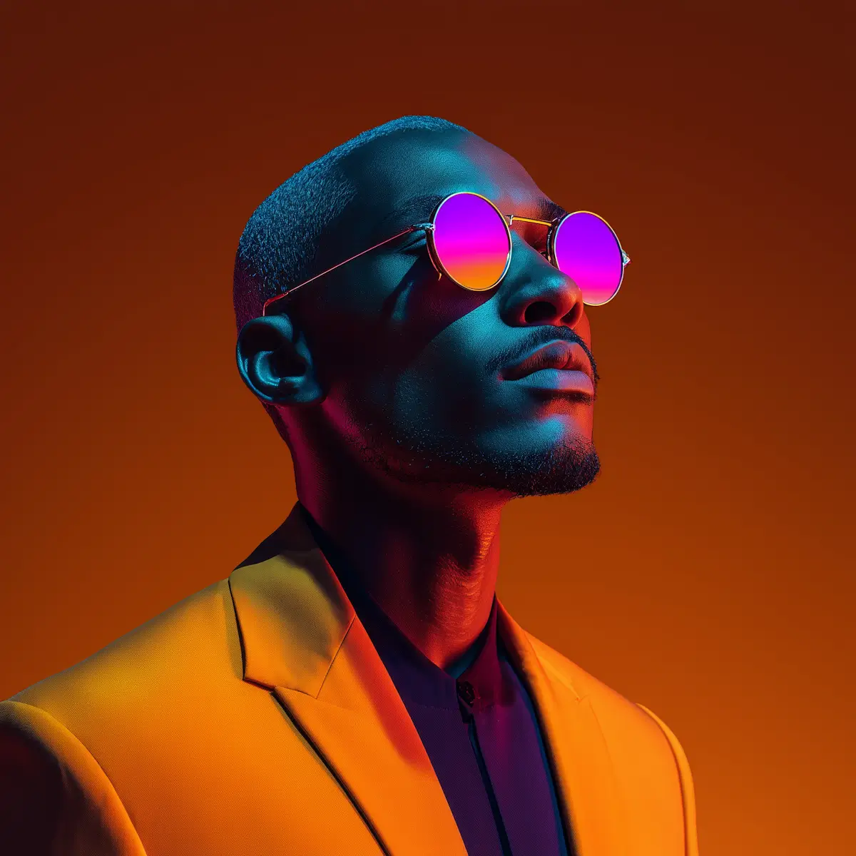 Portrait of a man wearing round sunglasses with purple and pink gradient lenses, a yellow blazer, and a dark shirt, against an orange background with dramatic lighting accentuating his features.