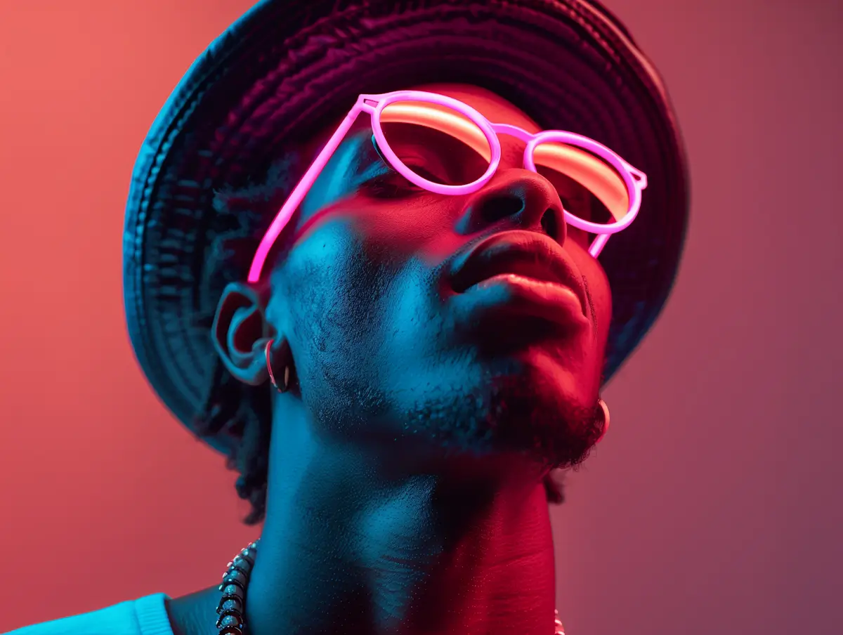 Close-up portrait of a young man with dark skin wearing a wide-brimmed hat, neon pink glowing sunglasses, and a necklace, illuminated by contrasting blue and red lighting with a smooth gradient background.