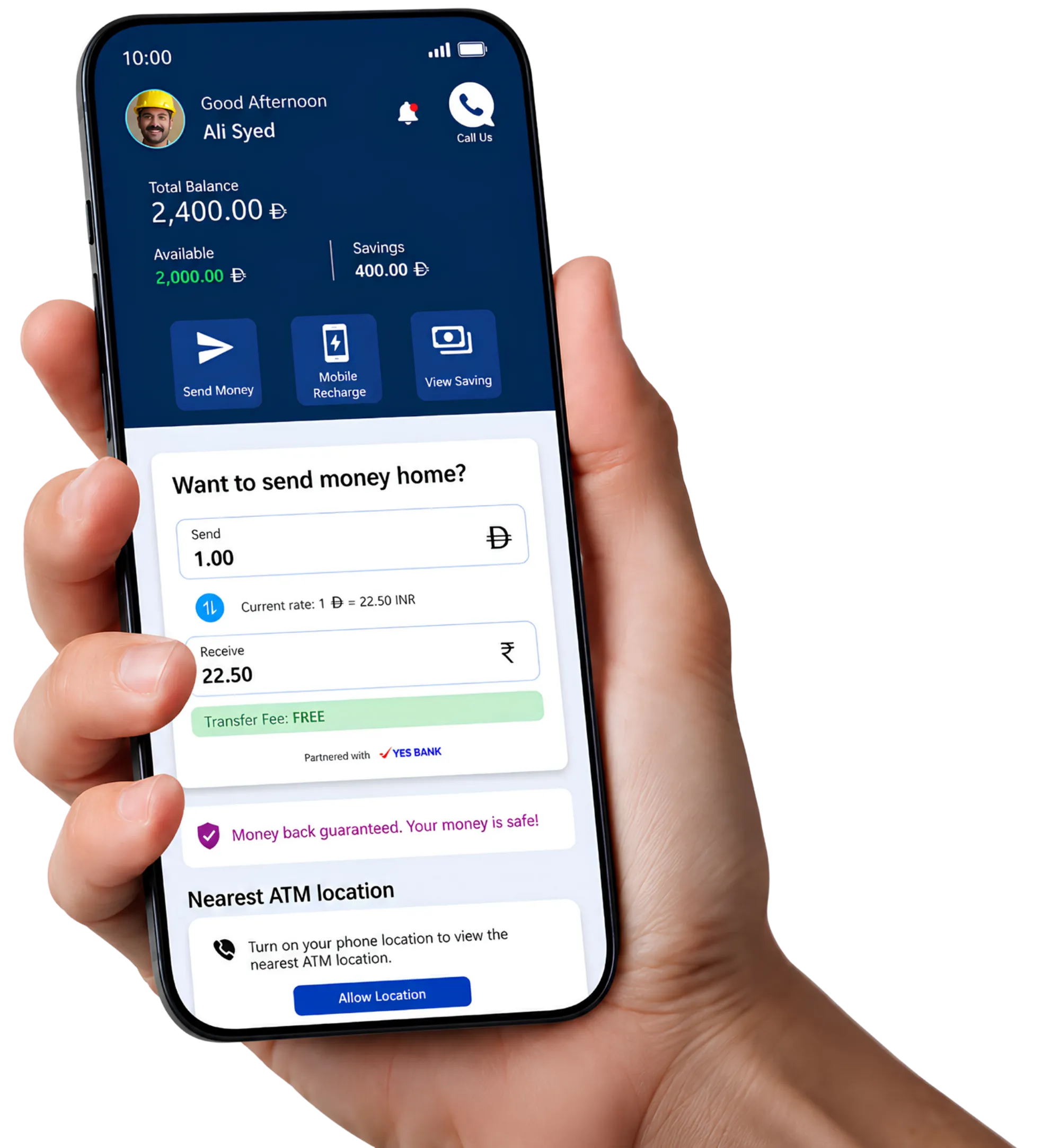 Hand holding a phone with the myZoi app showing wallet balance and a send money home form