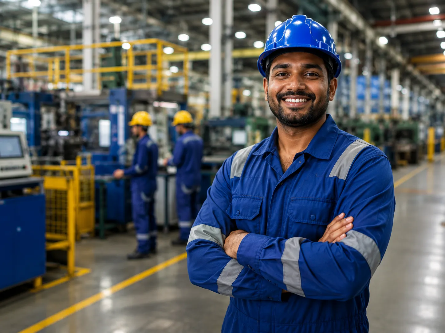 Smiling factory worker in a hard hat and blue overalls