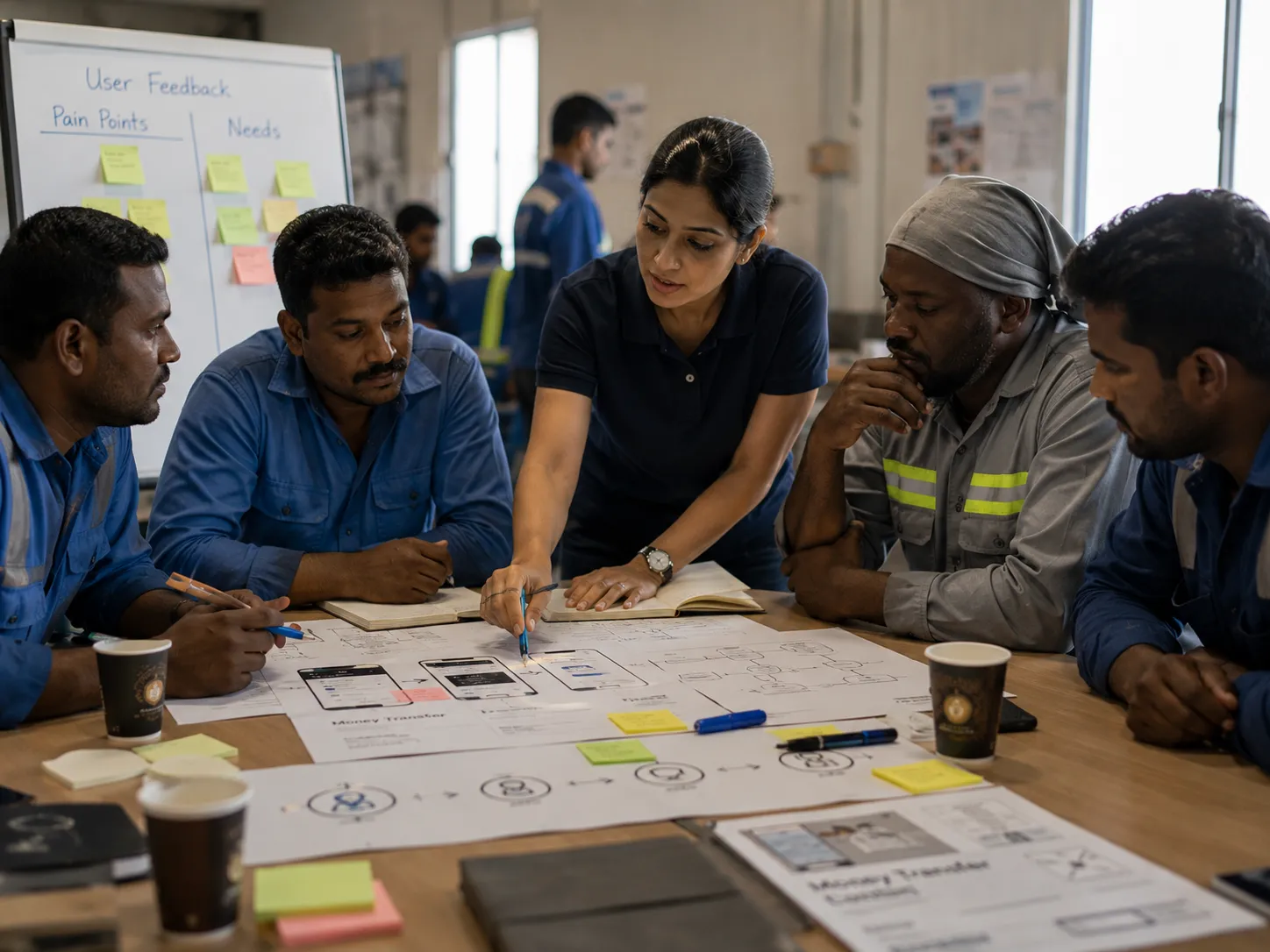 Team running a user feedback session with workers around a table of app sketches
