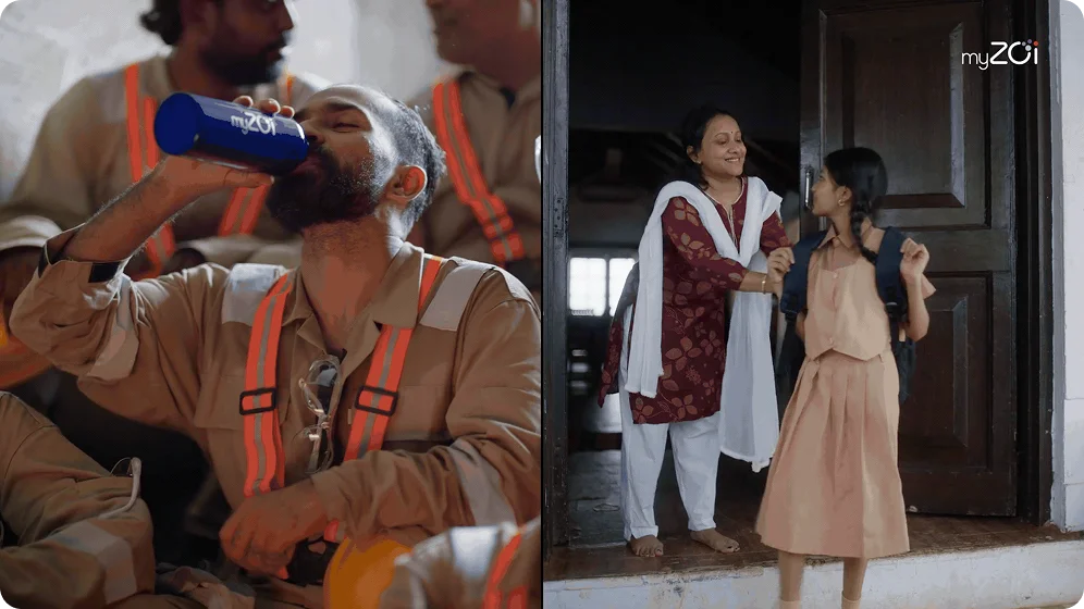 Worker drinking from a myZoi water bottle beside a mother and daughter at their doorway