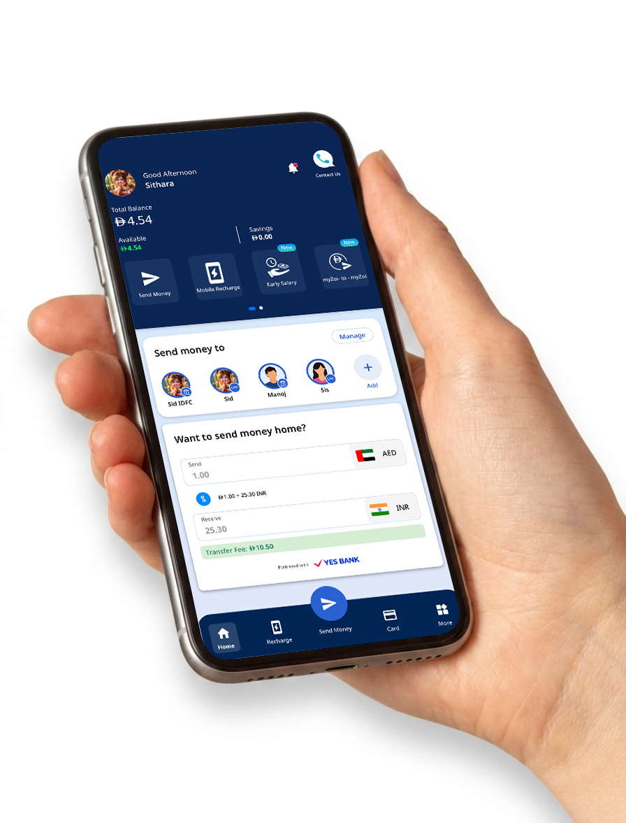 Hand holding a phone showing the myZoi app home screen with send money home