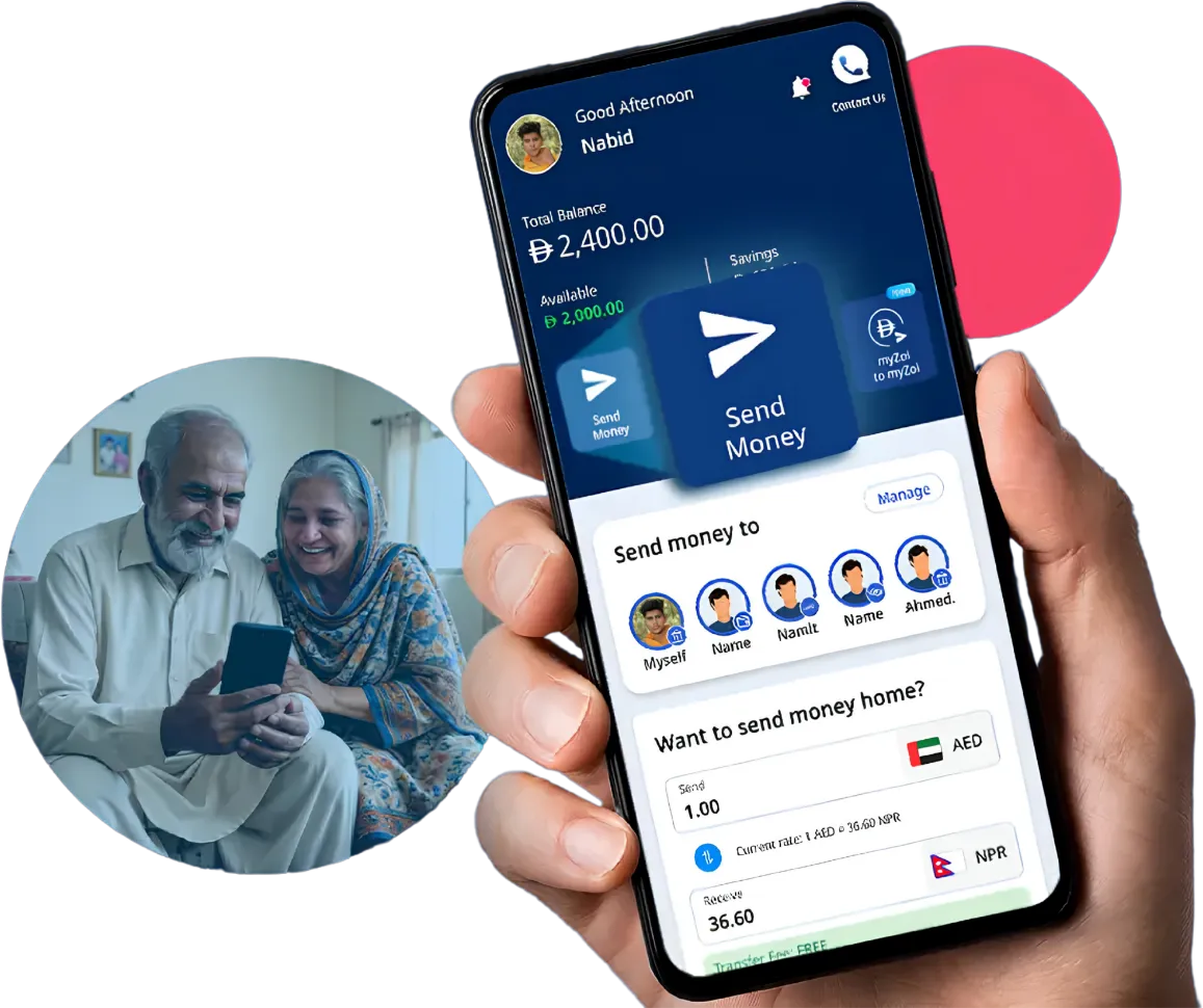 Phone showing the myZoi Send Money screen beside an elderly couple looking at a smartphone together