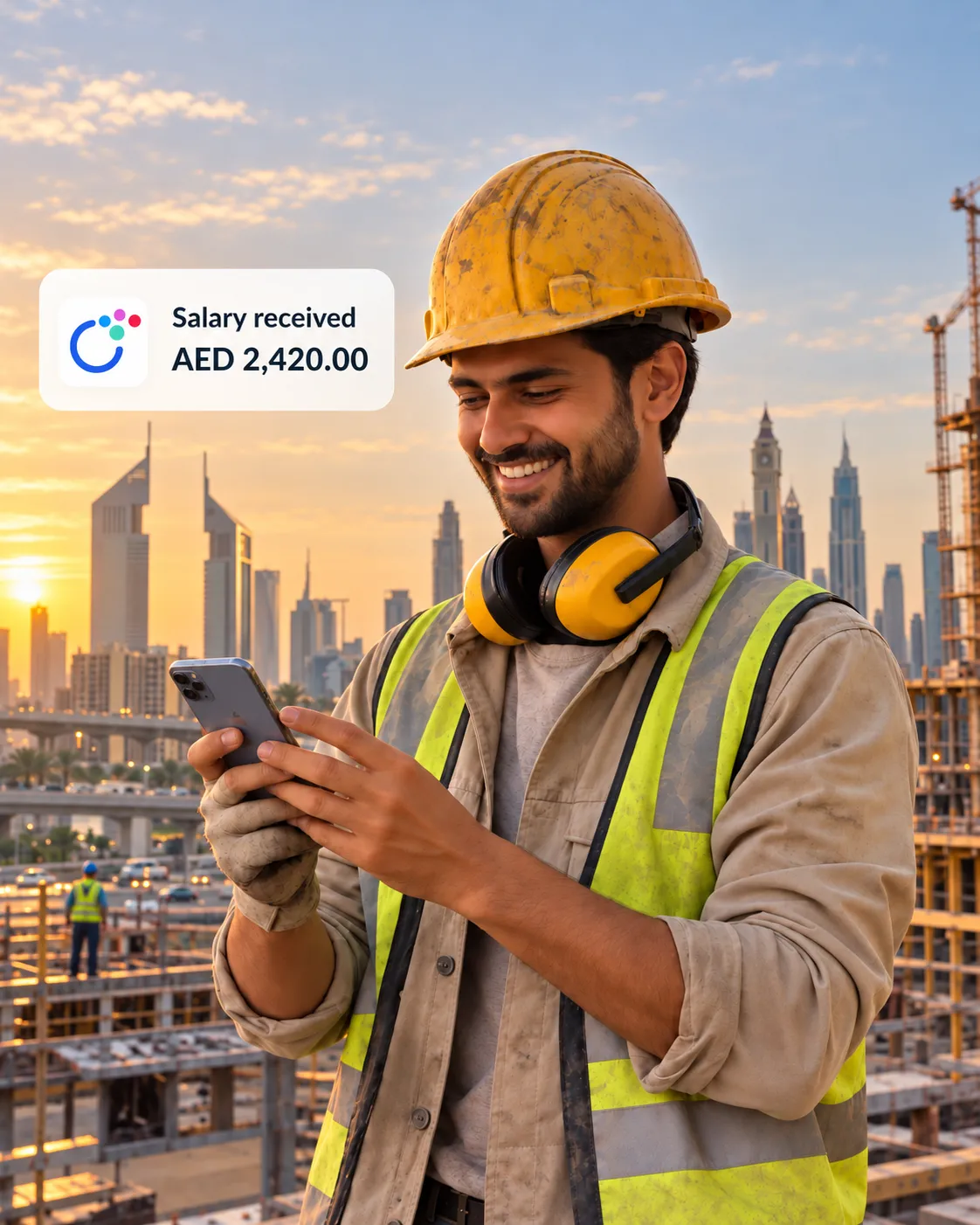 Construction worker smiling at his phone with a myZoi salary received notification, Dubai skyline behind