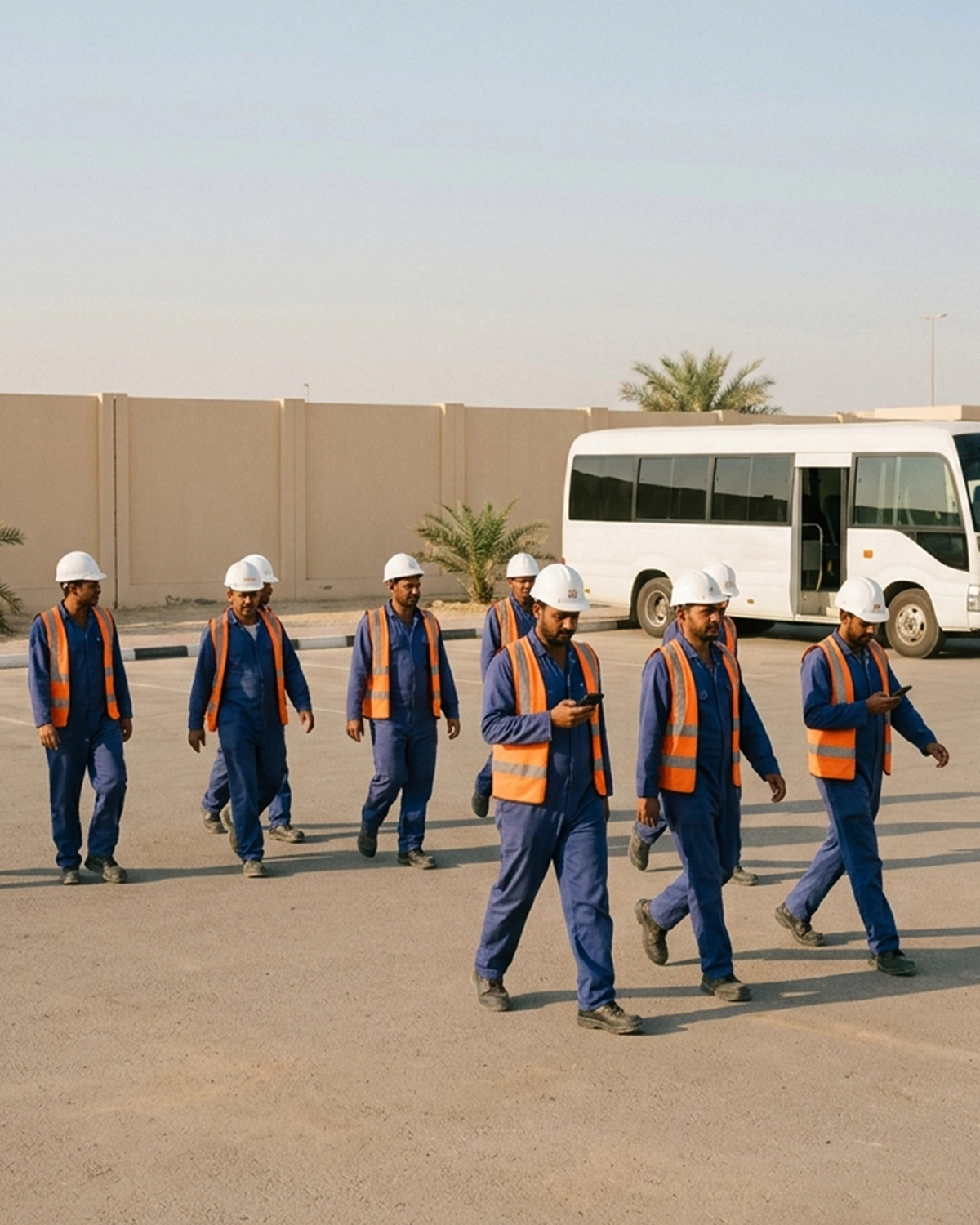 Group of workers in hard hats and safety vests walking across a site toward a bus