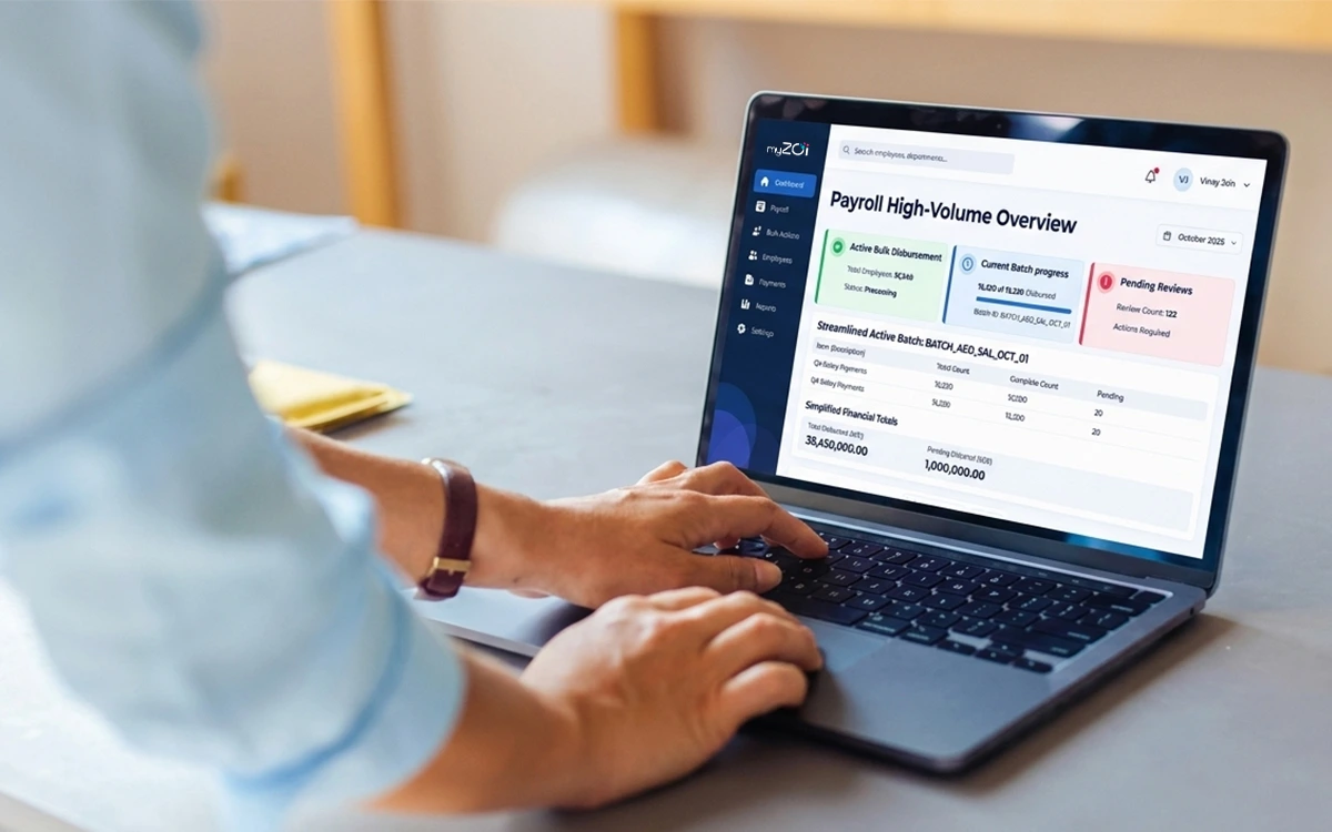 Person using the myZoi payroll high-volume overview dashboard on a laptop