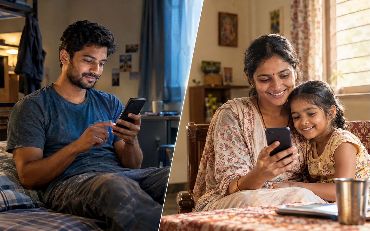 Split scene of a worker sending money on his phone and his wife and daughter receiving it at home