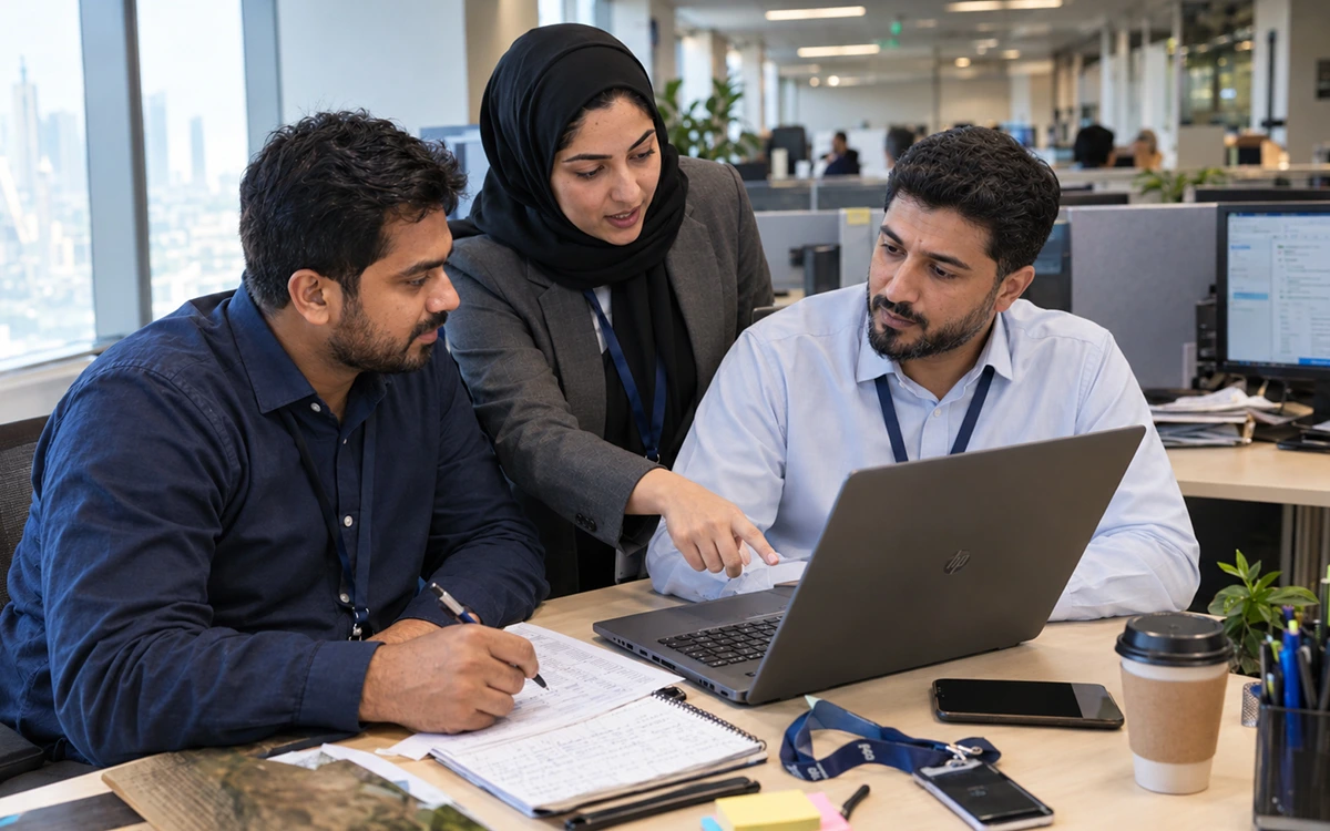 Three colleagues reviewing work on a laptop together in an open plan office