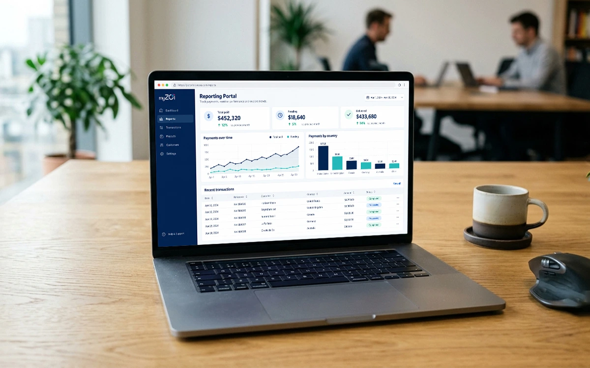 Laptop on an office desk showing the myZoi reporting portal with payroll charts and transactions