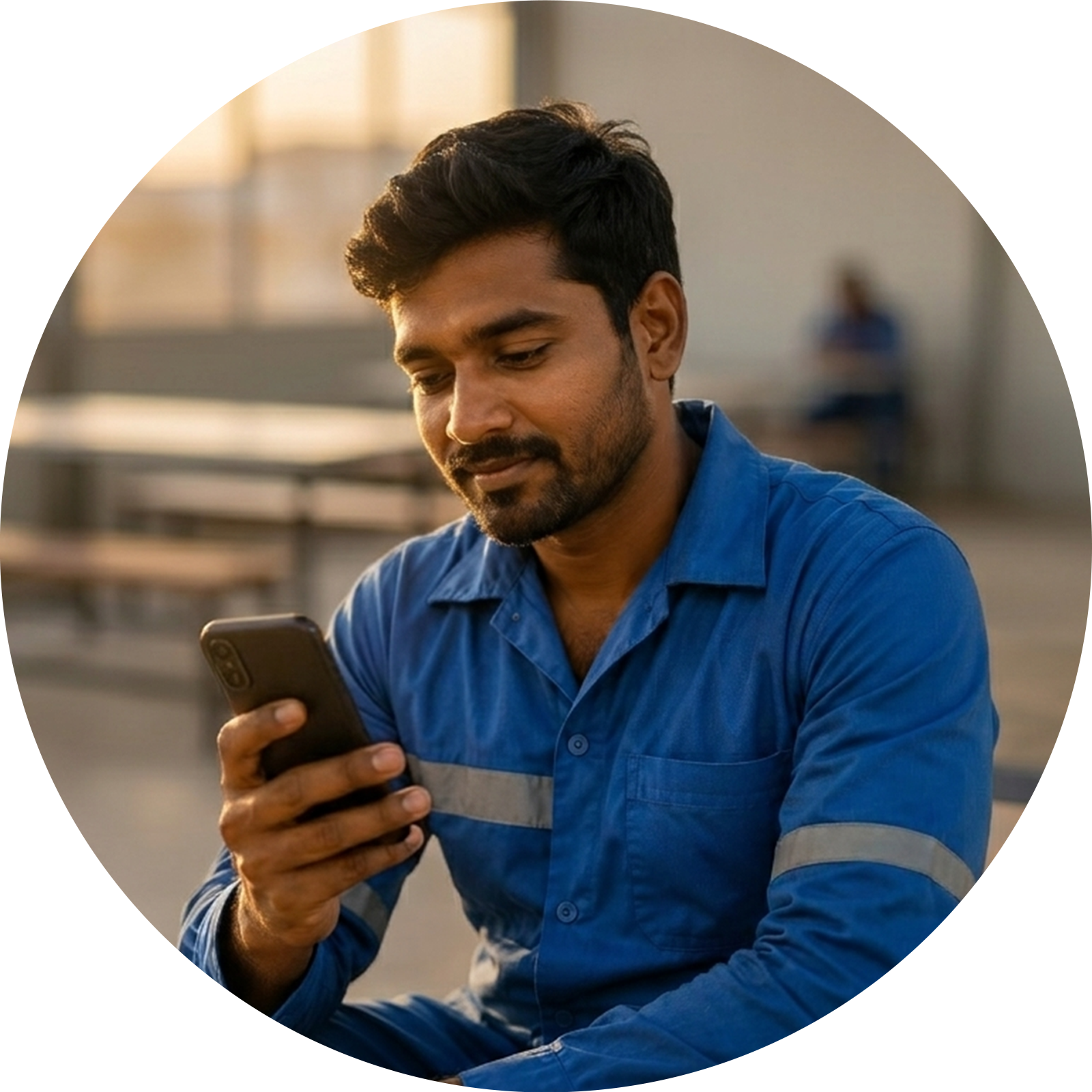 Worker in blue overalls looking at his smartphone