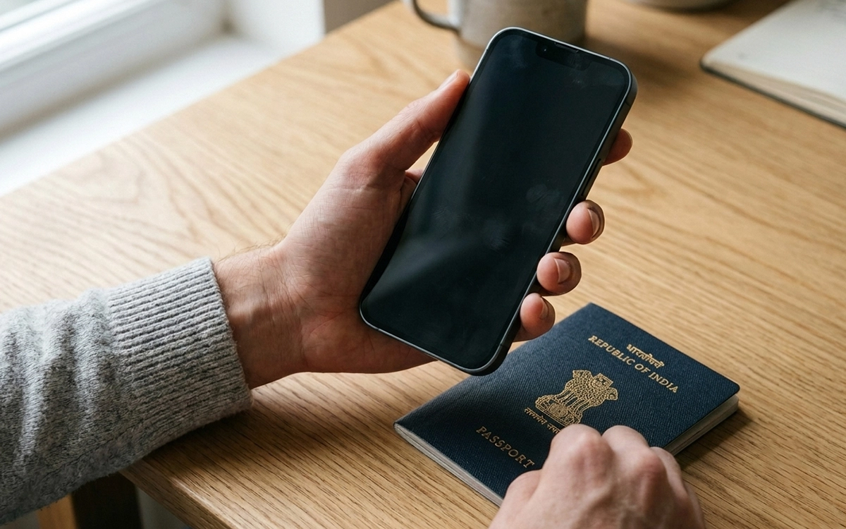 Hand holding a smartphone above an Indian passport on a desk, ready for app onboarding