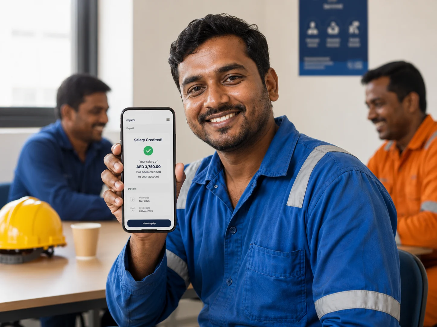 Smiling worker in blue overalls showing a myZoi Salary Credited screen on his phone