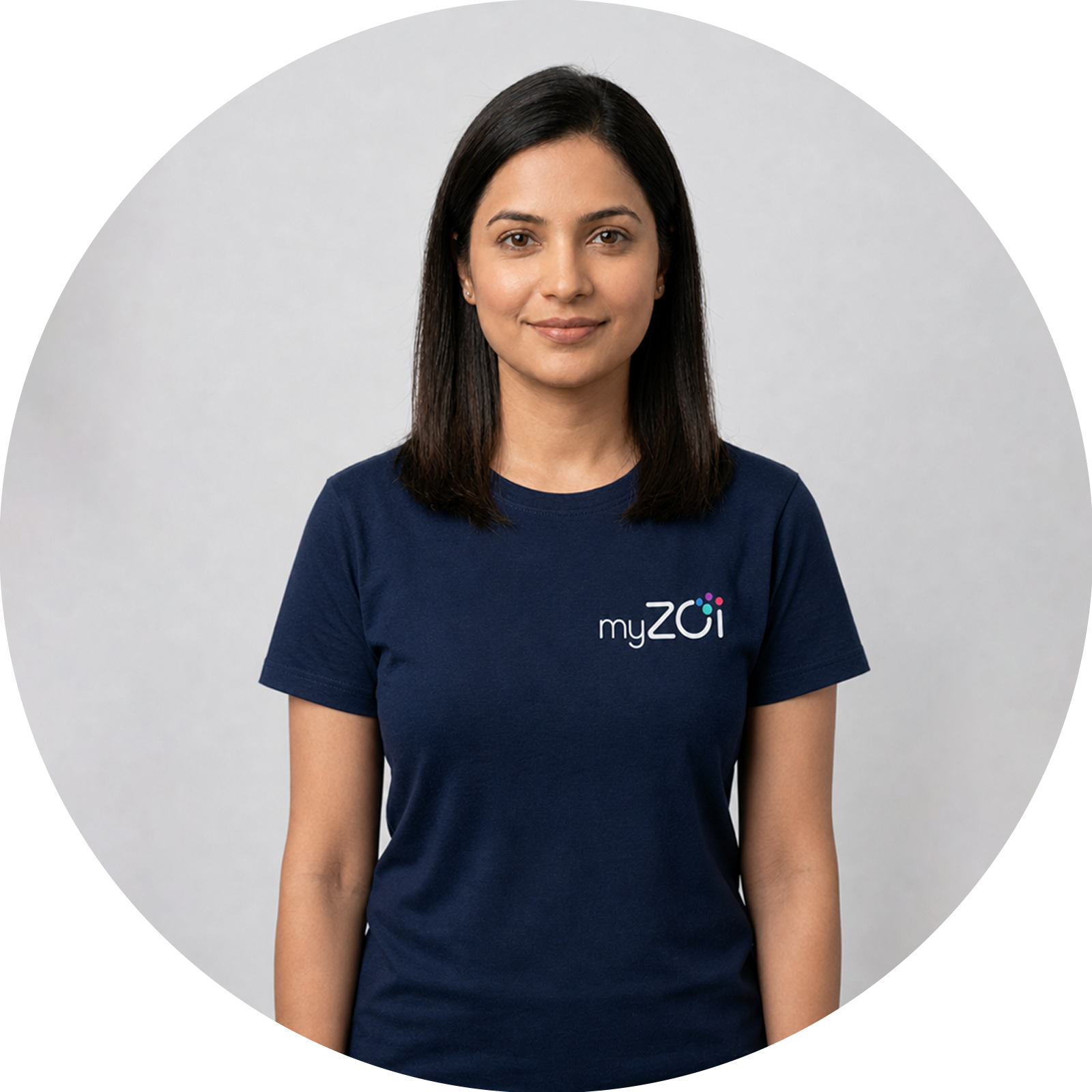 Smiling woman wearing a navy myZoi branded t-shirt