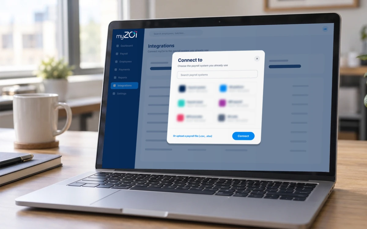 Laptop showing the myZoi employer portal Integrations screen with a Connect to payroll system dialog