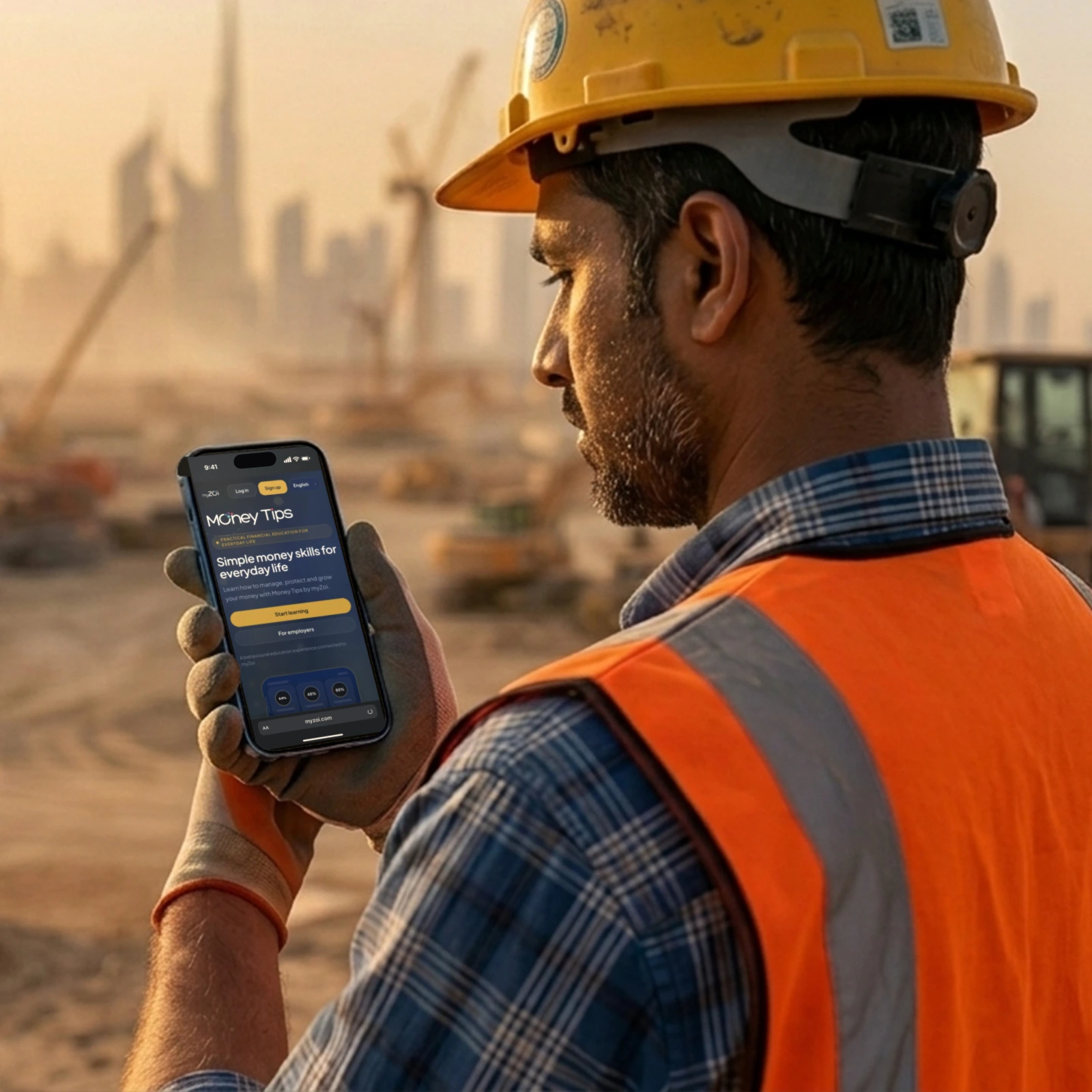 Construction worker in a hard hat and safety vest reading Money Tips on his phone at a Dubai building site