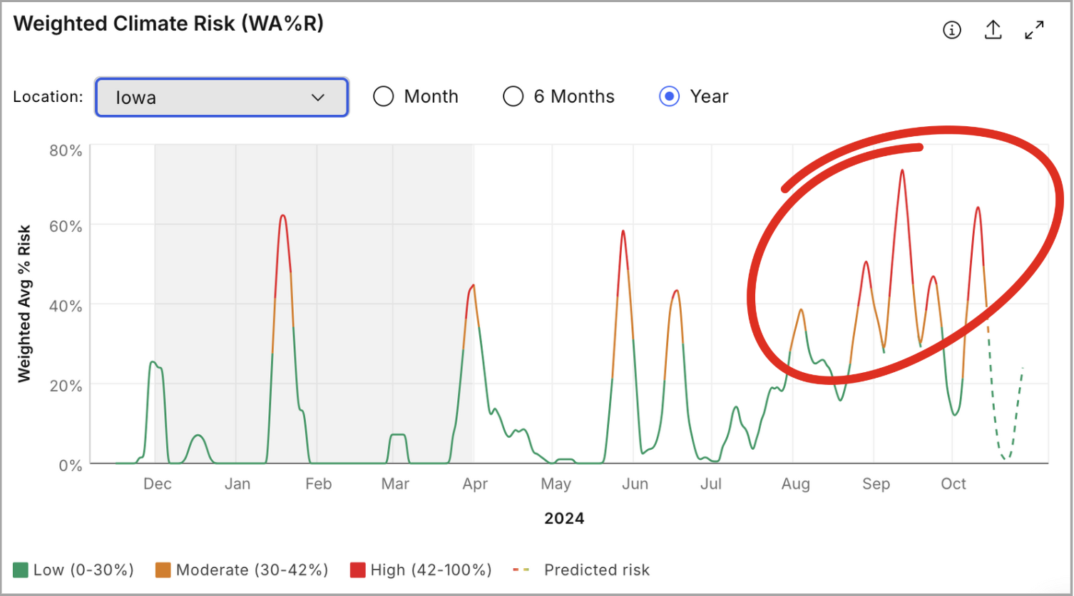   Figure #2   In September 2024, Iowa, responsible for 17% of US corn production, experienced a notable rise in climate risk, exceeding 60%.  