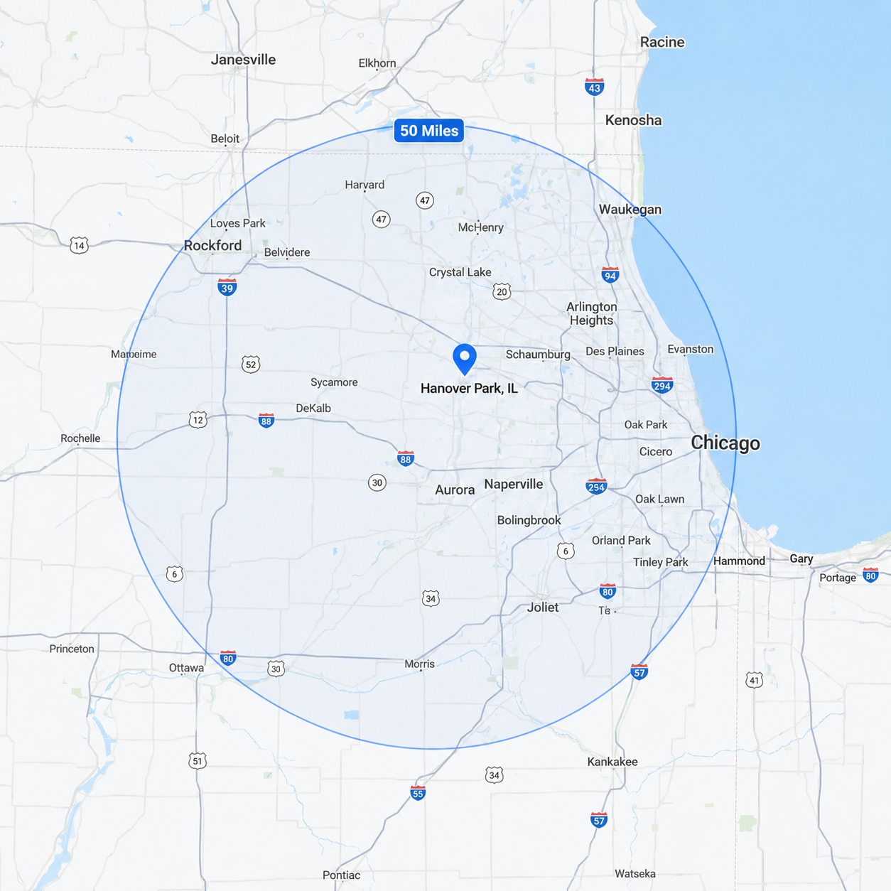 Map of the 50-mile service area around Hanover Park, IL covering Chicago's northwest suburbs