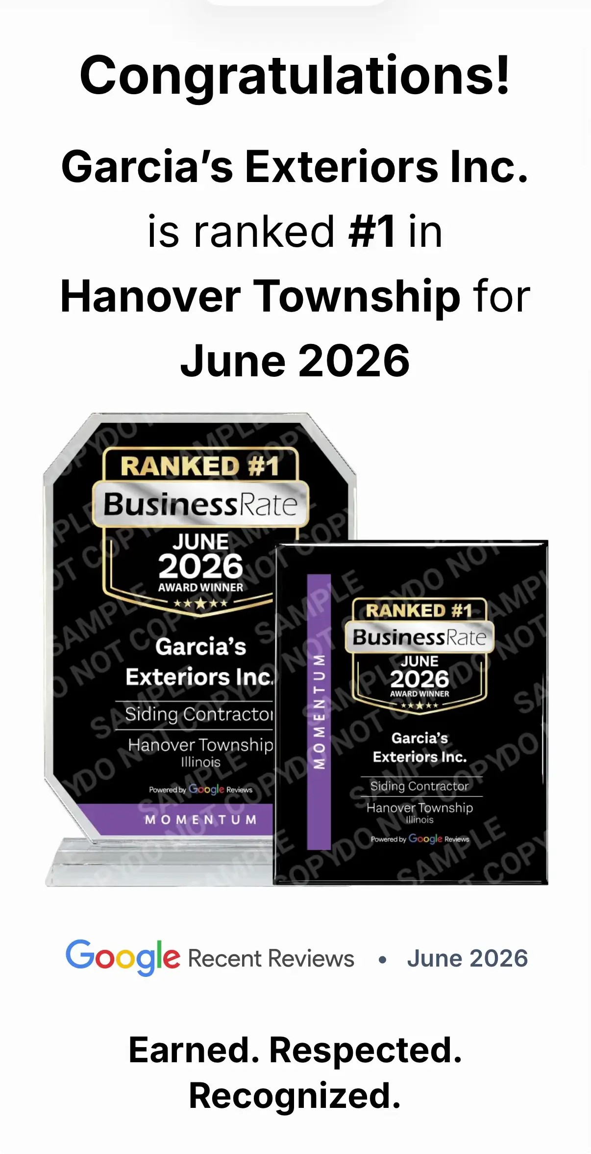 BusinessRate award naming Garcia's Exteriors the #1 siding contractor in Hanover Township, Illinois for June 2026