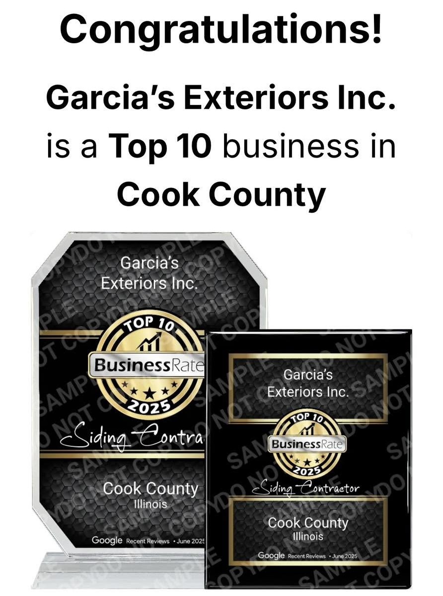 BusinessRate award naming Garcia's Exteriors a Top 10 siding contractor in Cook County, Illinois