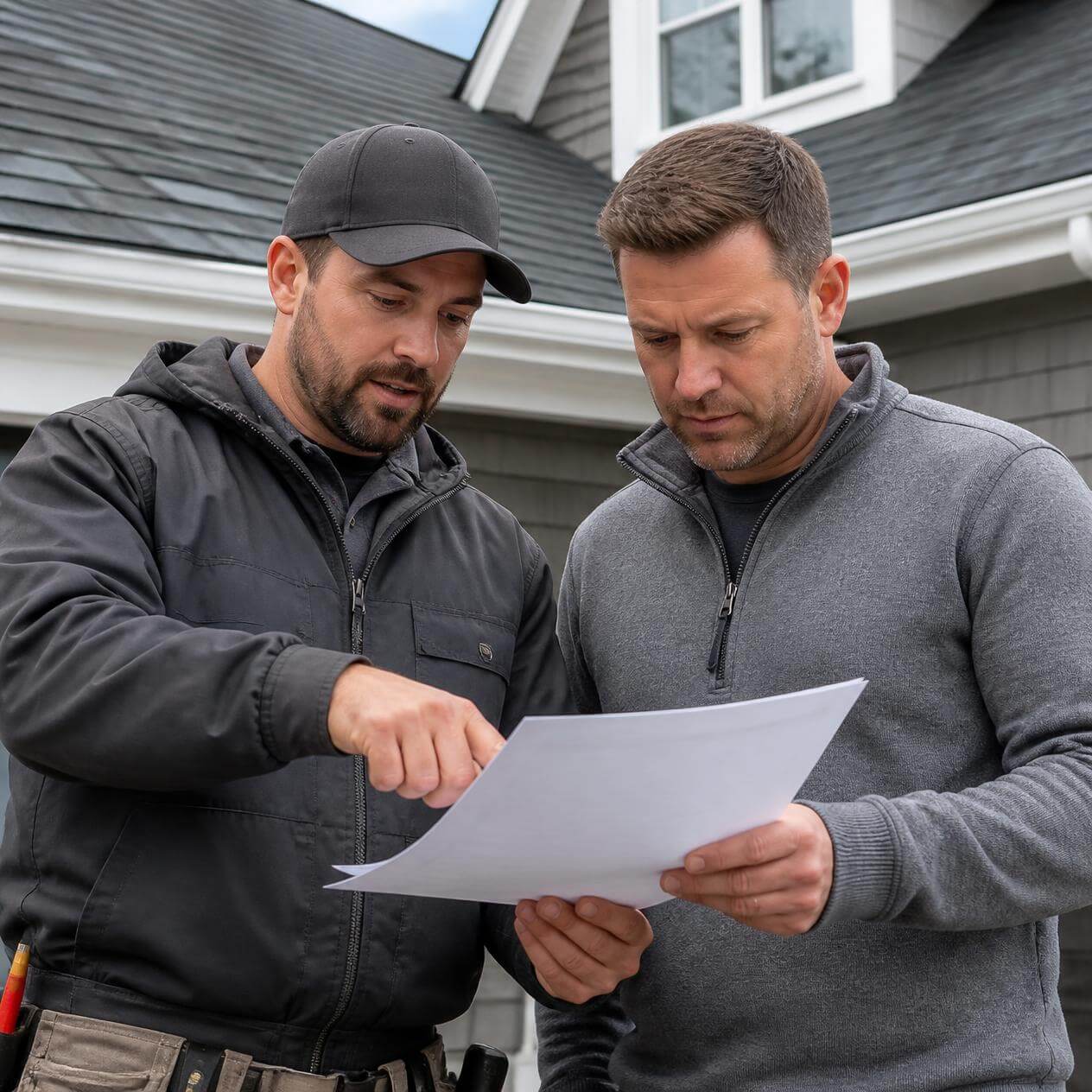 Garcia's Exteriors estimator walking a Hanover Park homeowner through a written siding estimate