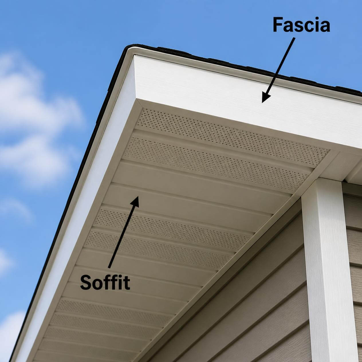 Diagram labeling the soffit and fascia on a home's roof edge