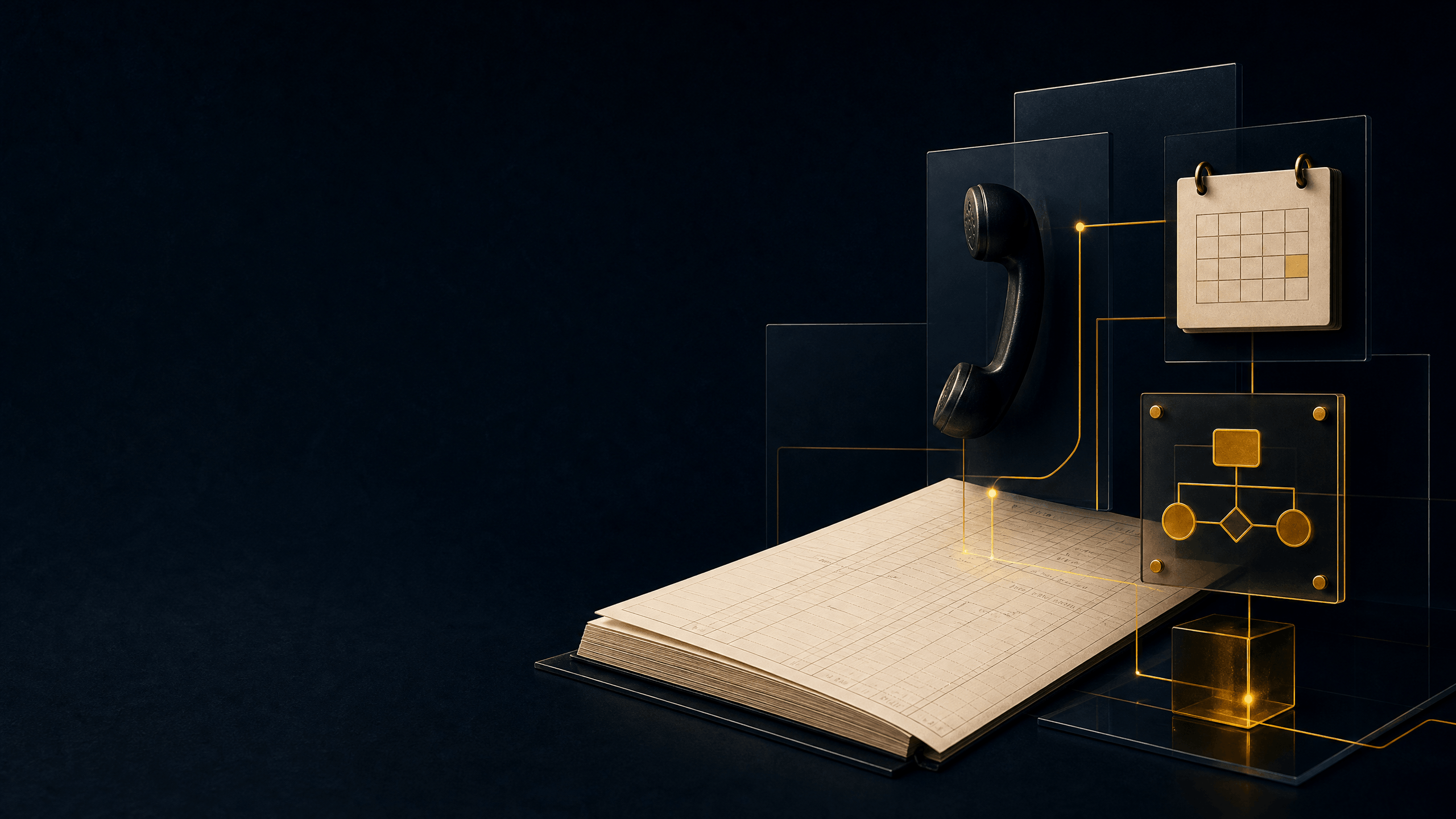 Open notebook with grid paper and floating icons of a phone receiver, calendar, and flowchart.