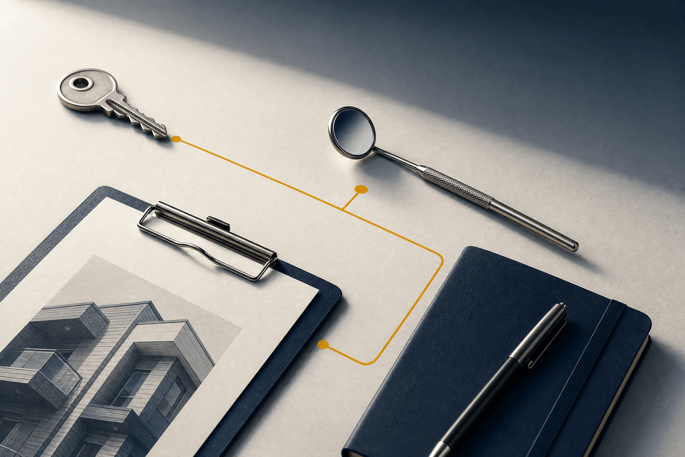 Key, dental mirror, clipboard with house blueprint, notebook, and pen connected by orange lines on table.