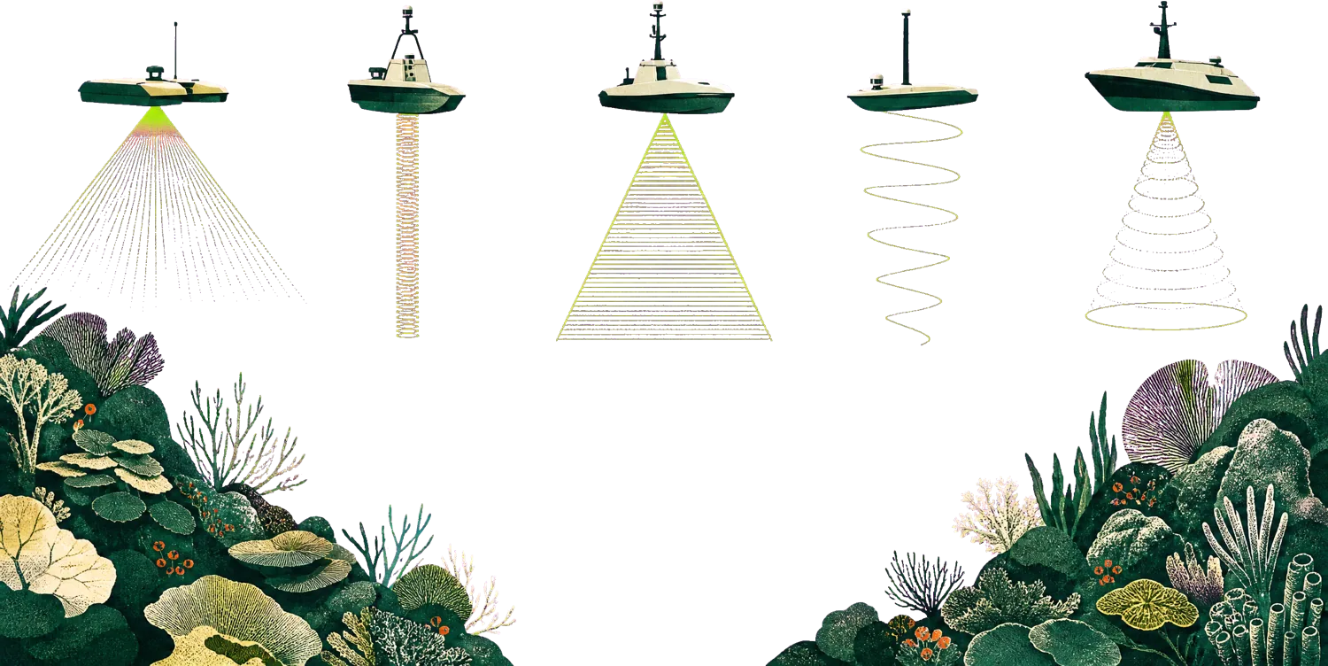 A painted convoy of scanners sweeping the reef.