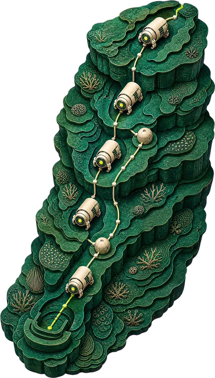 A painted cascade where findings settle into closed, proven steps.