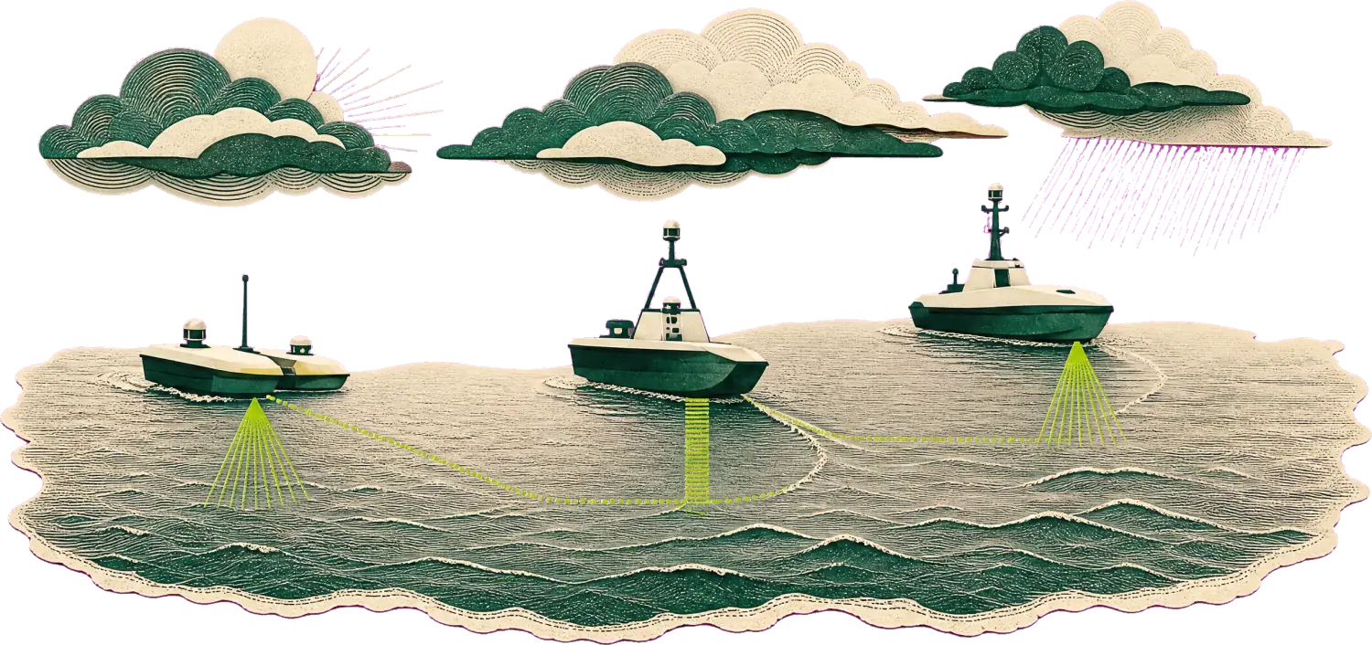Three survey vessels working the surface under weather