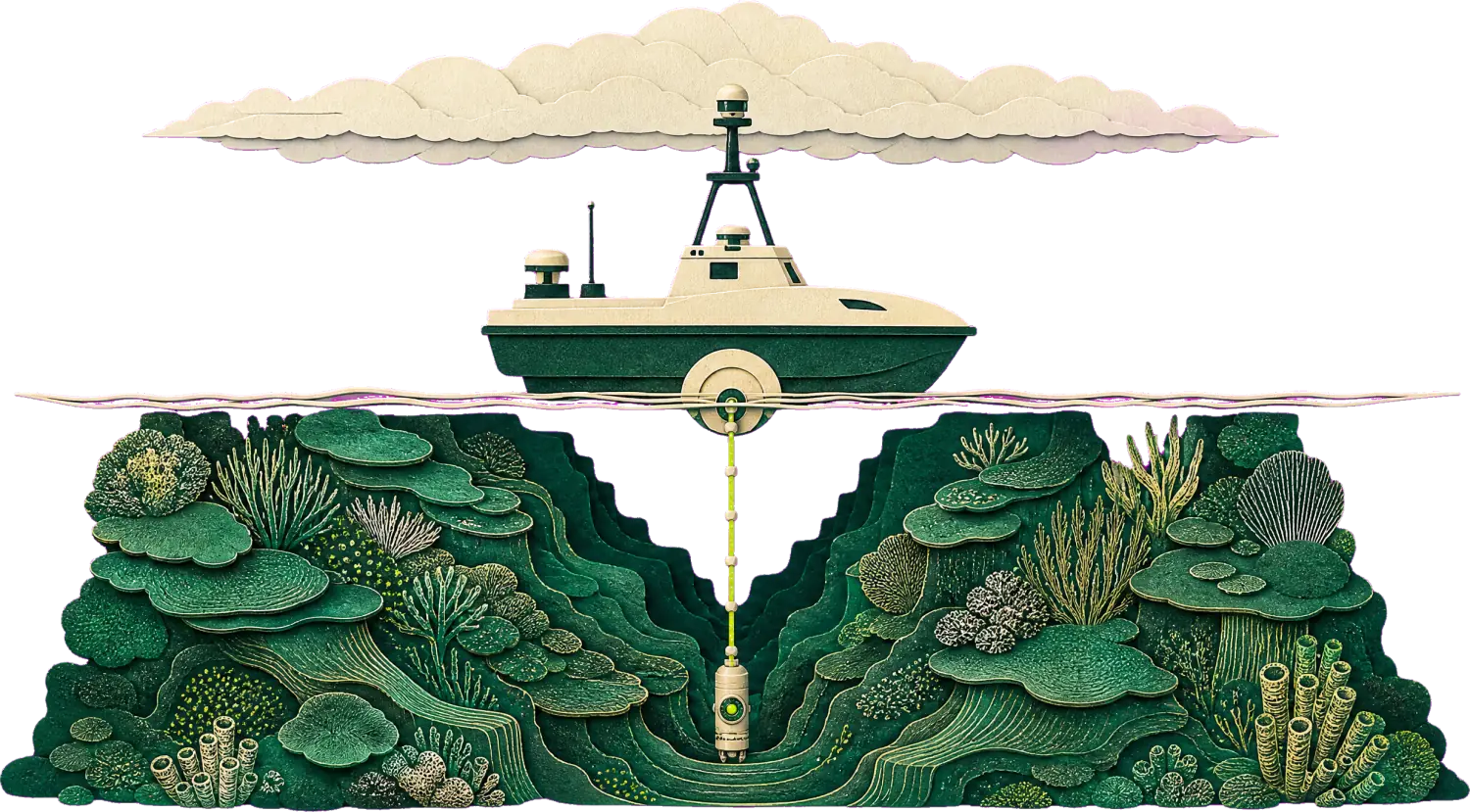 A vessel on the surface and a probe below the waterline, working the same reef from two sides